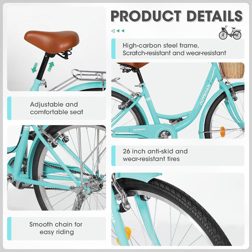 Outroad Beach Cruiser Bike, 24/26 inch Commuter Bicycle for Adult and Women,High-Carbon Steel Comfortable City Bikes with Rear Rack and Basket, (Black/Pink/White/Green/Purple)