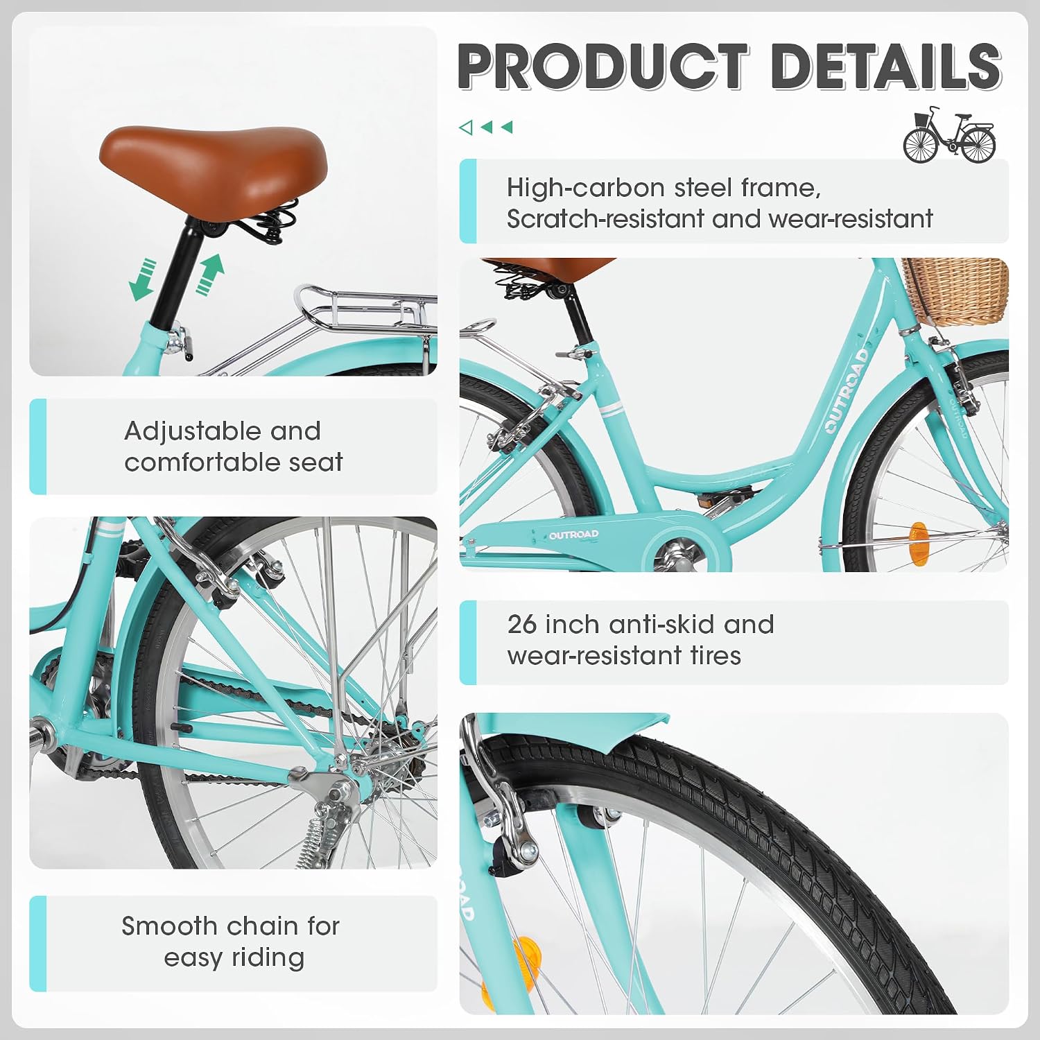 Outroad Beach Cruiser Bike, 24/26 inch Commuter Bicycle for Adult and Women,High-Carbon Steel Comfortable City Bikes with Rear Rack and Basket, (Black/Pink/White/Green/Purple)
