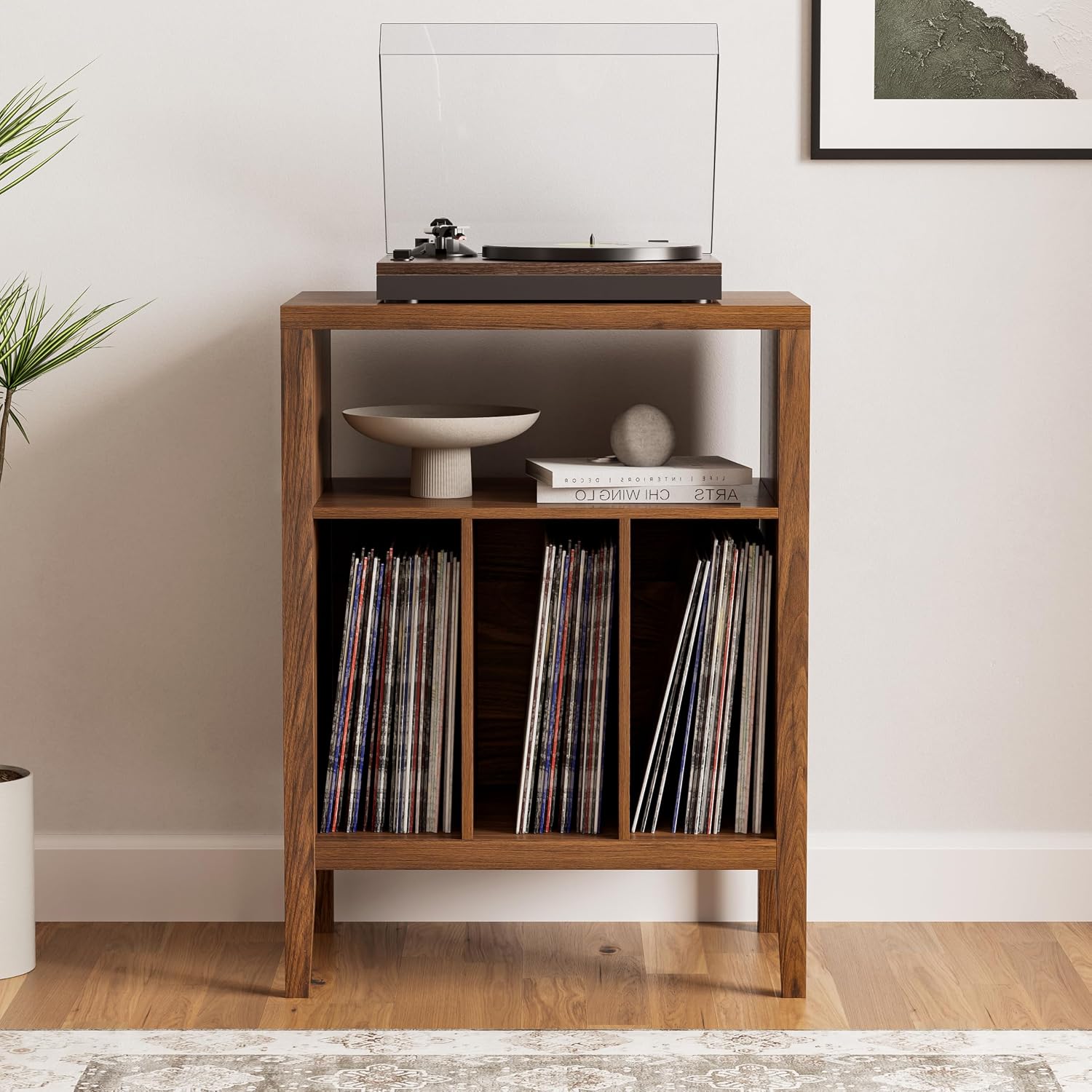 Modern Record Player Stand, Vinyl Record Storage Cabinet with Open Shelf, Wood Records Player Table Cube Storage Organizer for Living Room, Office, Brown