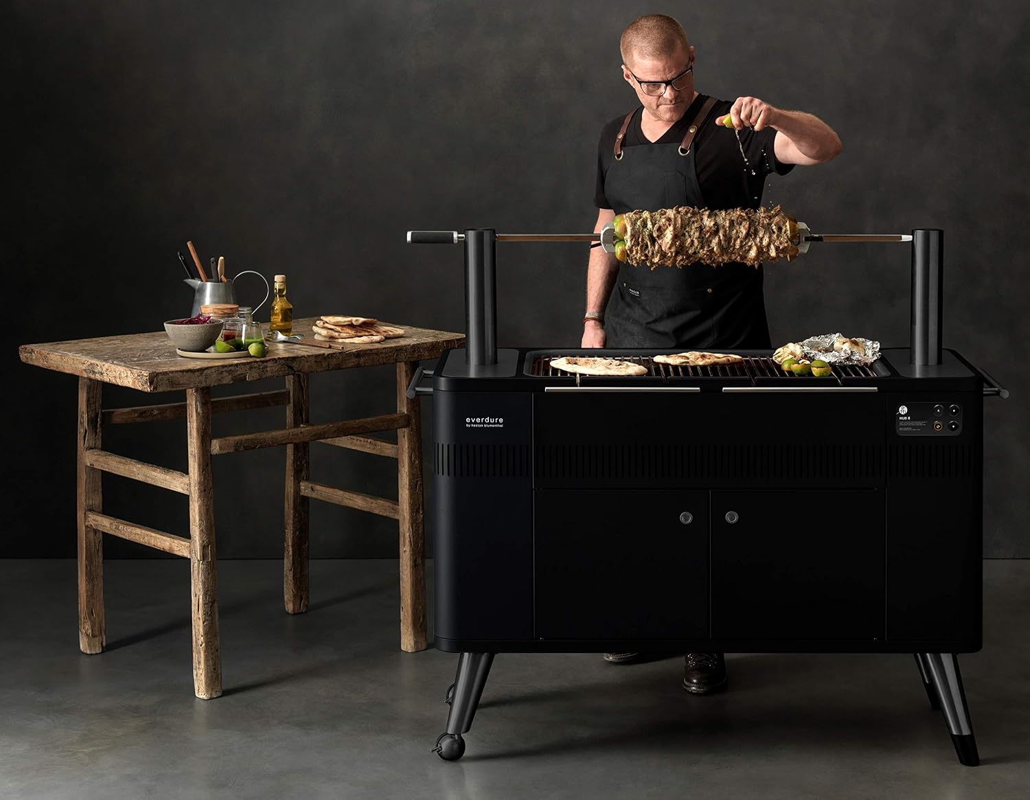 Everdure HUB II 54-Inch Charcoal Grill with Patented Built-in Rotisserie System & Quick Electric Ignition, Outdoor BBQ Grill, Electric Starter, Adjustable Height, Easy Clean-Up