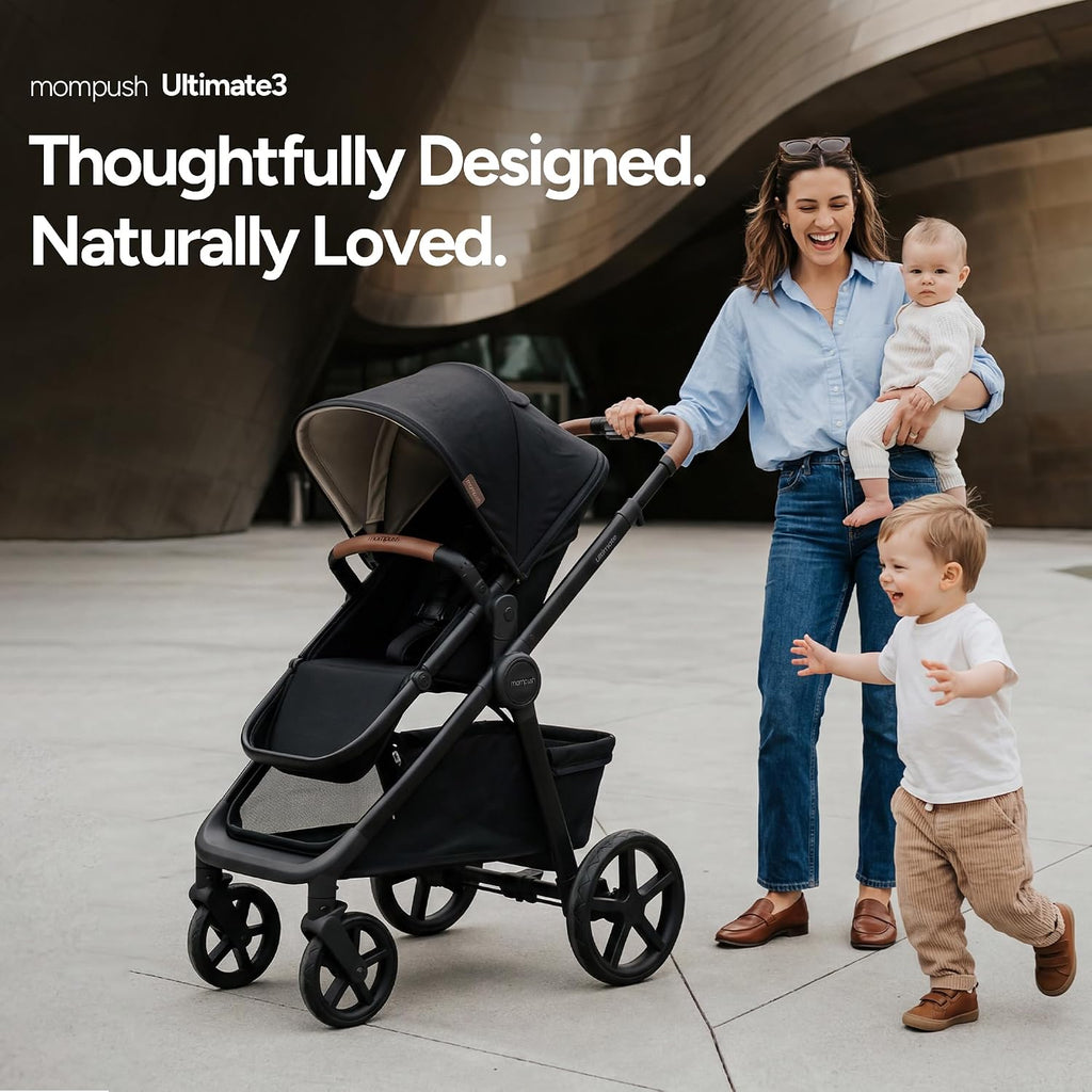 Mompush Ultimate 3 Baby Stroller, Premium Convertible Full-Size Stroller for Toddler to 50 lbs – 11.8' All-Terrain Wheels; Four-Wheel Suspension; Reversible Extendable Seat; One-Second Fold