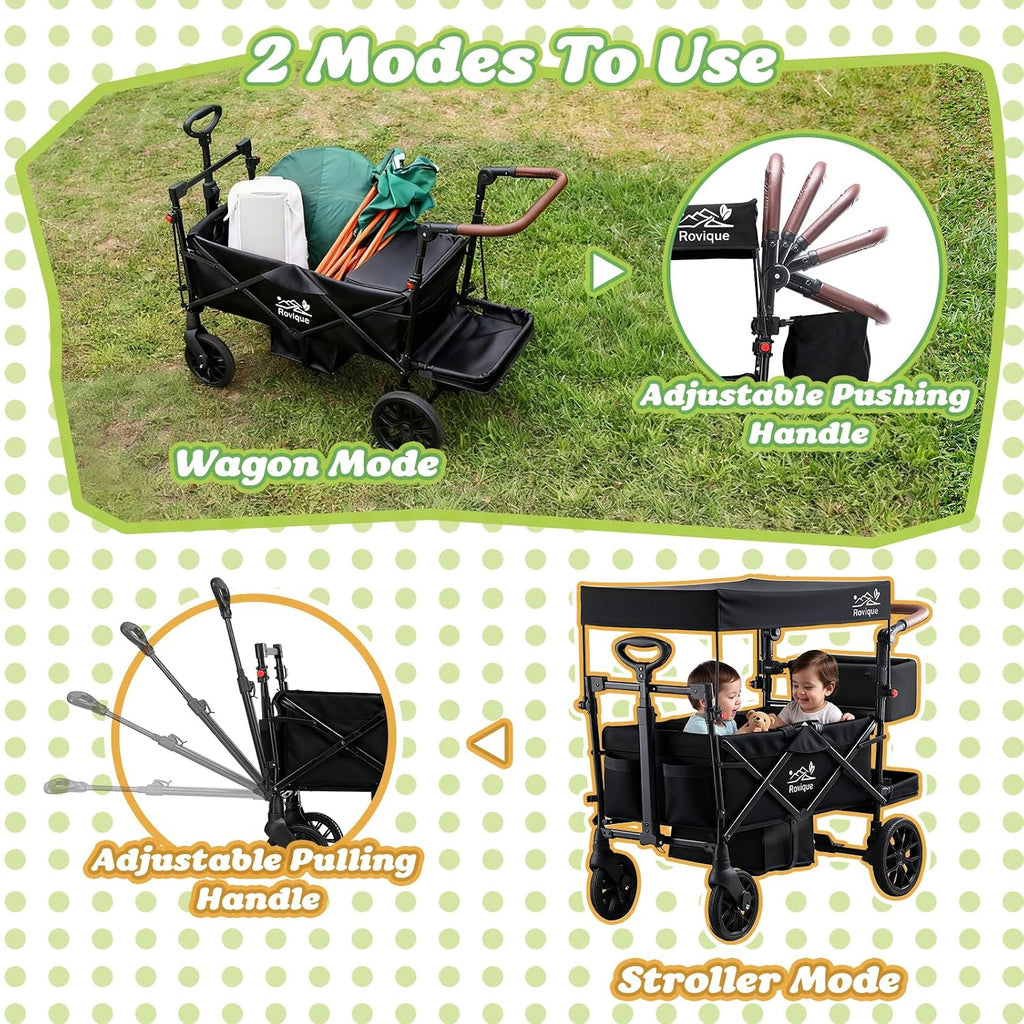 Wagon Stroller for 2 Kids, Premium Stroller Wagon for Kids with Removable Canopy, Safety Harness, Adjustable Handlebar & Storage Organizer, All-Terrain Foldable Baby Wagon for Outdoors