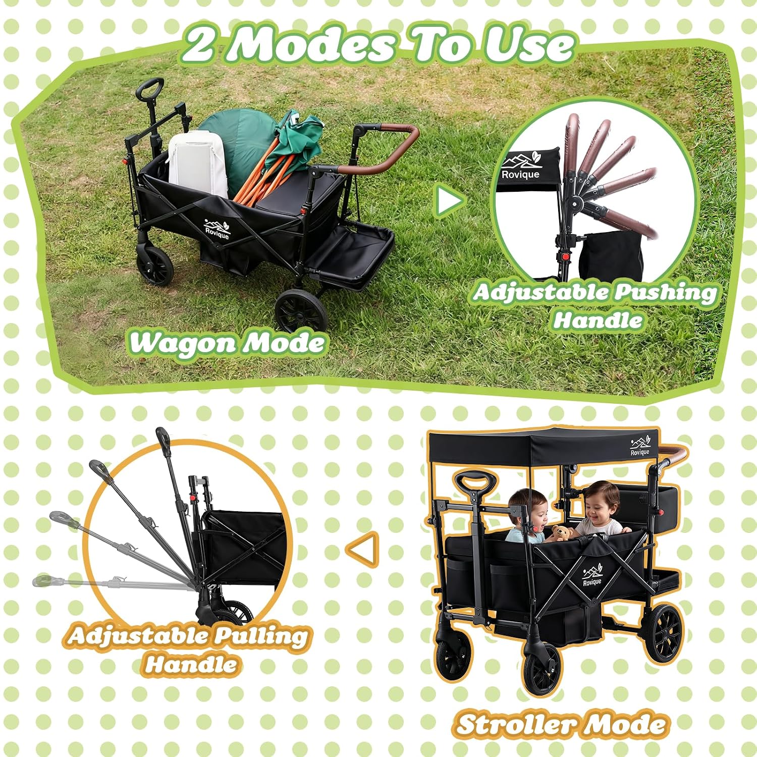 Wagon Stroller for 2 Kids, Premium Stroller Wagon for Kids with Removable Canopy, Safety Harness, Adjustable Handlebar & Storage Organizer, All-Terrain Foldable Baby Wagon for Outdoors