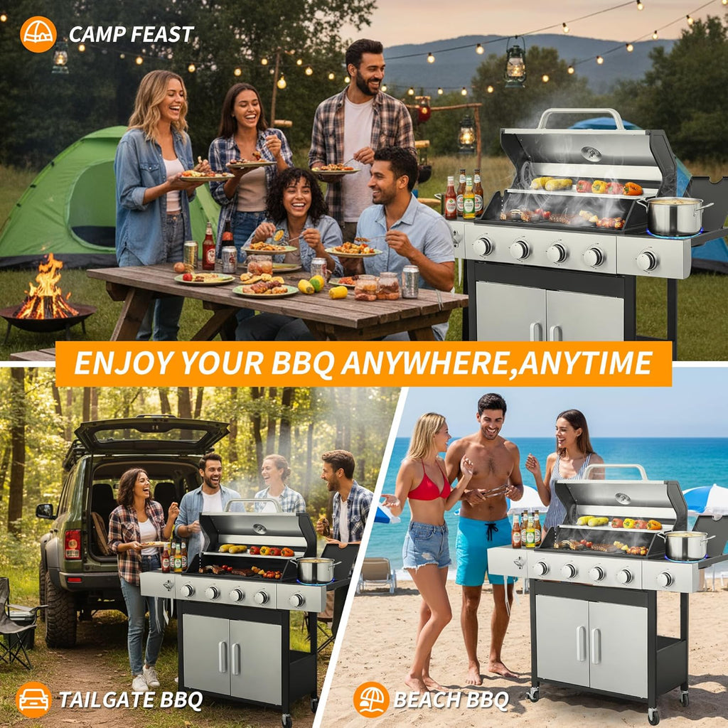 Propane Gas Grill 4 Burner, 49,000 BTU Outdoor BBQ Grill with Side Burner, Porcelain Cast Iron Grates & Stainless Steel, Fast Heating for Backyard, Camping, Tailgating