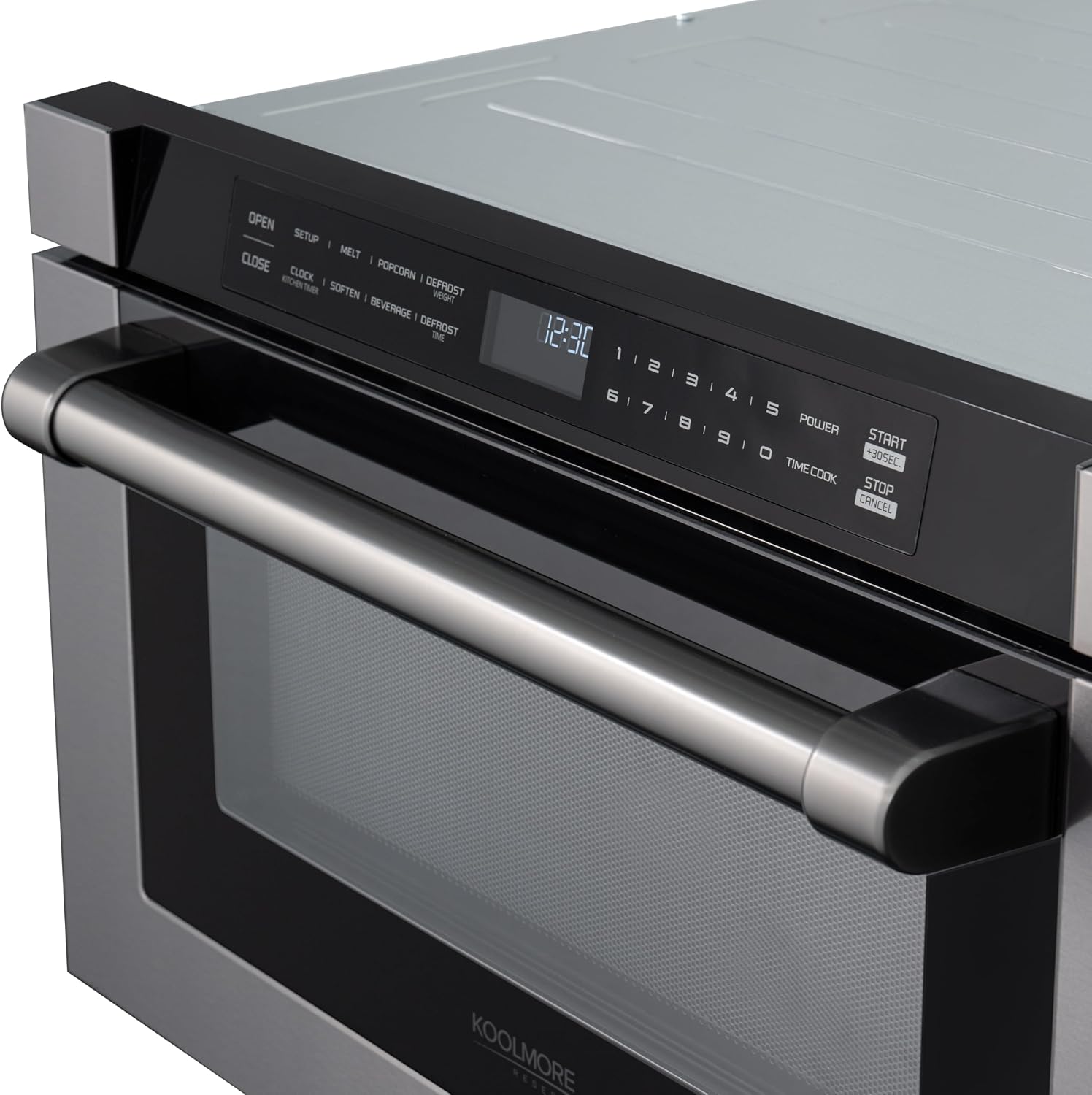 KoolMore Reserve 24 in. 1.2 cu. ft. Microwave Drawer with Electric Door Opening, 10 Power Levels, Sensor Cooking, Melt, Defrost, Bake, Roast, Broil, 1500 Watts, UL Certified in Black Stainless-Steel