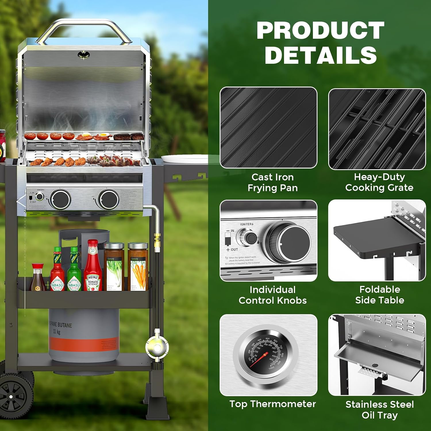 2-Burner Gas Grill, Stainless Steel 160,00 BTU BBQ Grill with Foldable Side Shelves & Storage Shelf – Ideal Propane Grill for Outdoor Barbecues, Patio Gatherings, and Camping