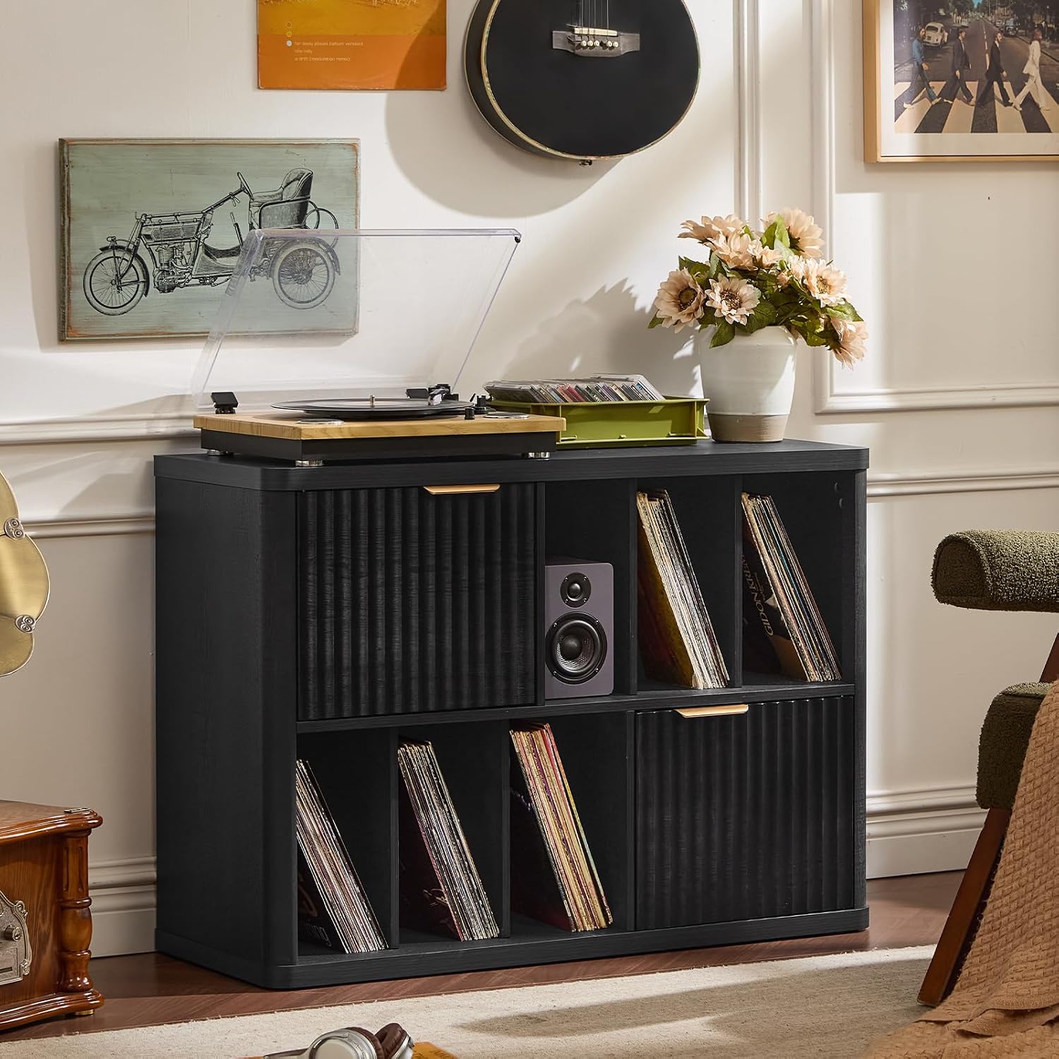 LEYAOYAO Large Record Player Stand with Vinyl Storage Up to 450 Albums, Wood Fluted Boho Record Storage Accent Cabinet, Modern Stereo Media Cabinets, Wide Turntable Stand for Living Room, Black Oak