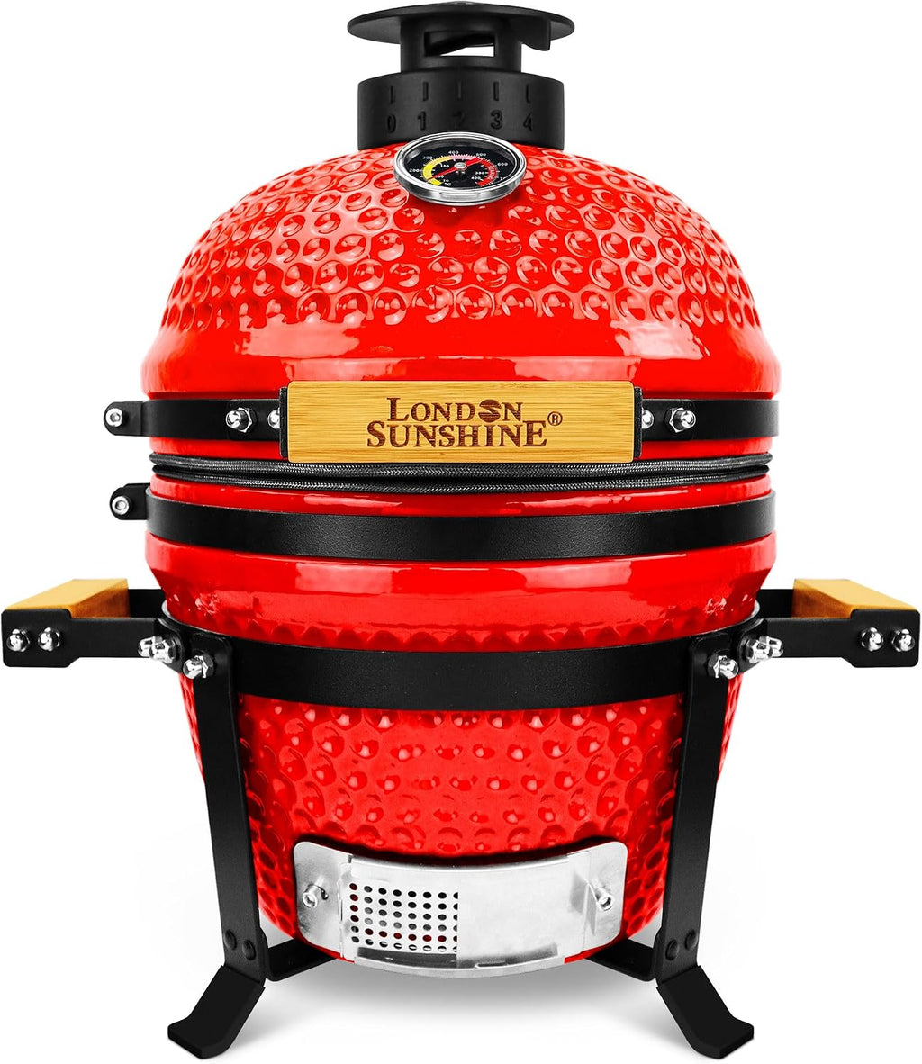 Upgraded 13 inch Ceramic Kamado Grill with Waterproof Air Vent Cap | Portable Tabletop Charcoal BBQ Grill Smoker for Outdoor Cooking, Patio, Camping | Red