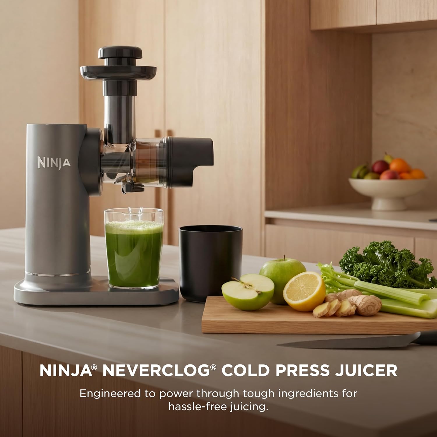 Ninja NeverClog Cold Press Juicer | Powerful Electric Slow Masticating Juicer with Pulp Control | XL Capacity | 24 oz. Juice Jug & 36 oz. Pulp Container | Dishwasher Safe | Charcoal | 150W | JC151