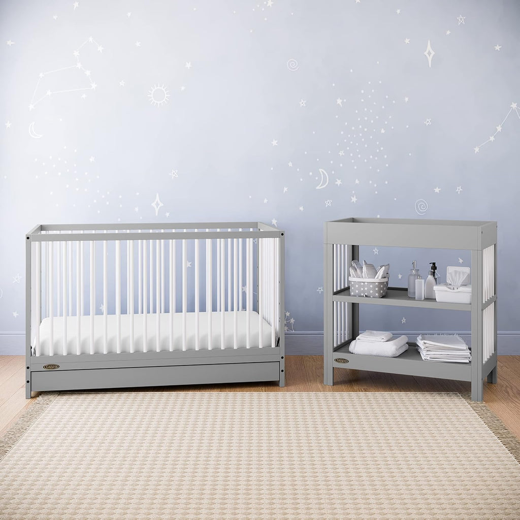 Graco Teddi 5-in-1 Convertible Crib with Drawer – GREENGUARD Gold Certified, Full-Size Nursery Storage Drawer, Baby Crib Converts to Toddler Bed, Daybed and Full-Size Bed (Pebble Gray and White)