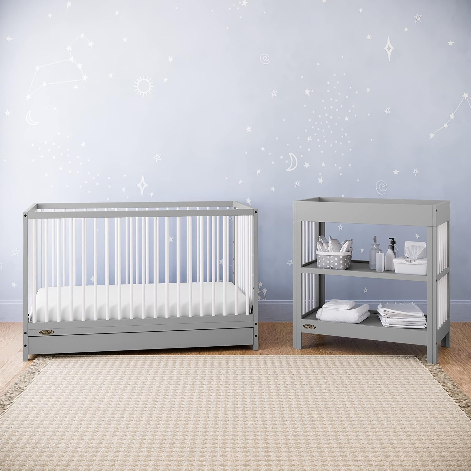Graco Teddi 5-in-1 Convertible Crib with Drawer – GREENGUARD Gold Certified, Full-Size Nursery Storage Drawer, Baby Crib Converts to Toddler Bed, Daybed and Full-Size Bed (Pebble Gray and White)