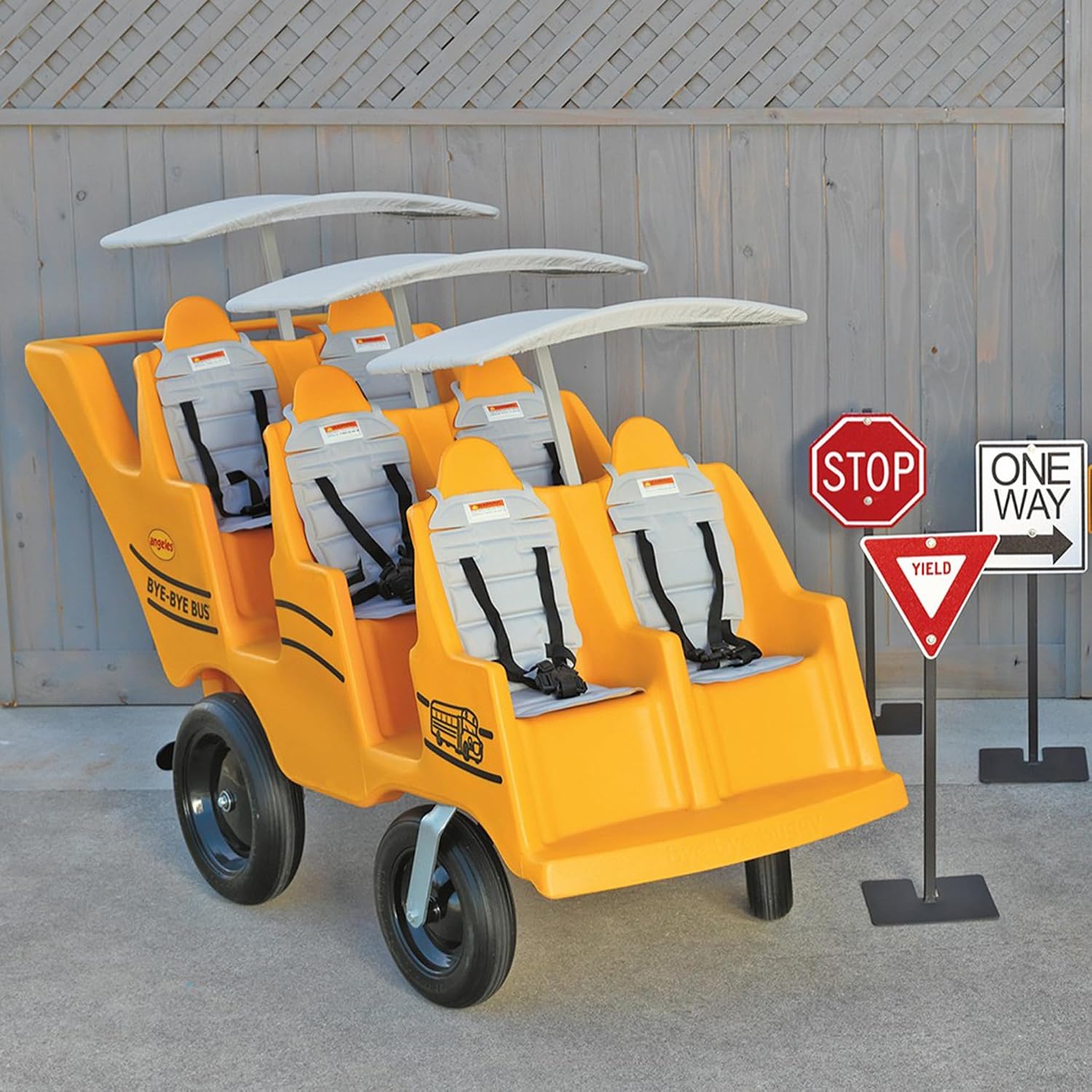 Angeles Bye Bye Buggy 6 Passenger Stroller, Sturdy Daycare Stroller with Fat Tires, Easy-to-Fasten Safety Buckles, Parking Brake, & 360 Pivoting Wheels, Yellow