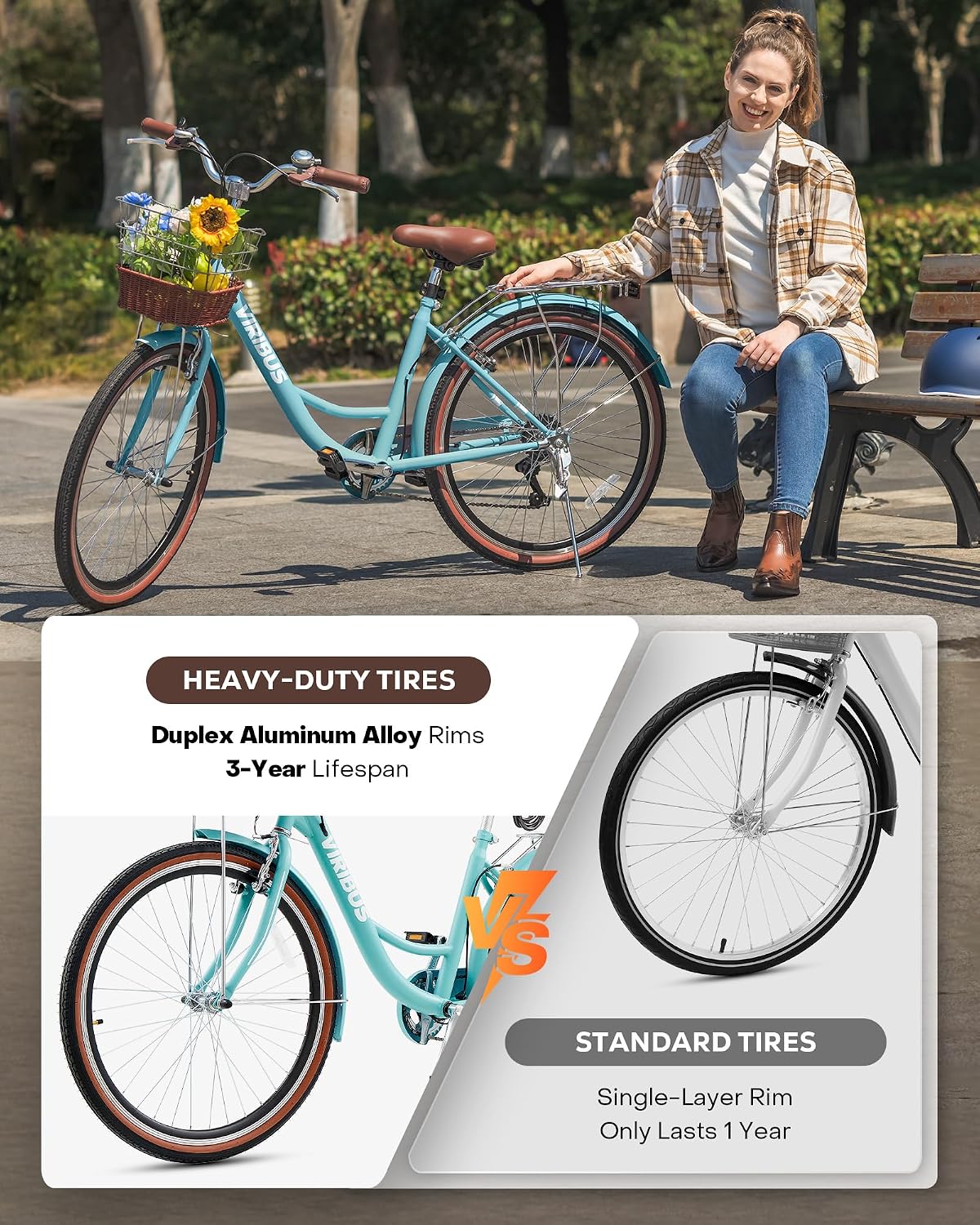 VIRIBUS Womens Cruiser Bike, 7 Speed Beach Cruiser Bike for Women, 26 inch Women Bicycle with Rattan Basket, City Commuter Vintage Retro Step Through Bicycle for Female Ladies Seniors, 330 Lb.