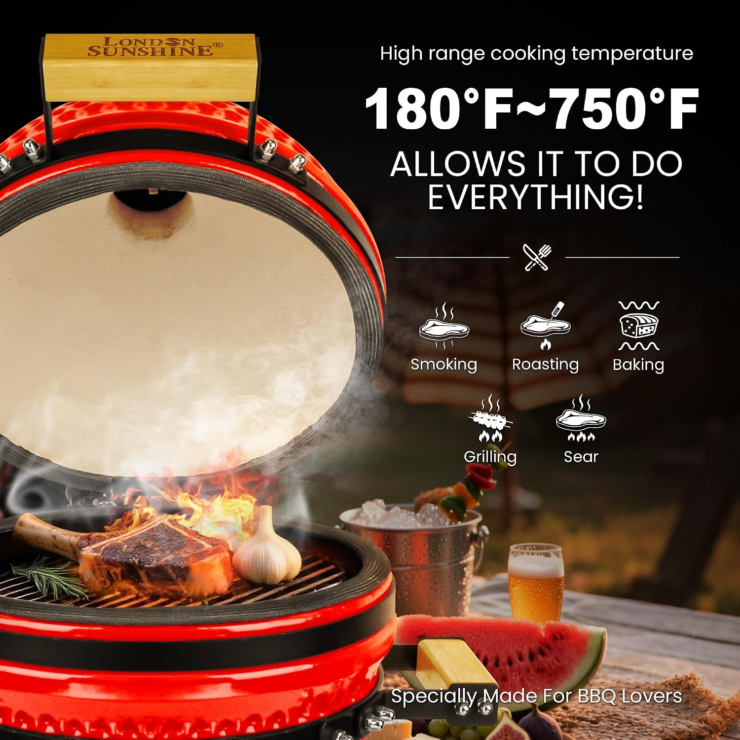 Upgraded 13 inch Ceramic Kamado Grill with Waterproof Air Vent Cap | Portable Tabletop Charcoal BBQ Grill Smoker for Outdoor Cooking, Patio, Camping | Red
