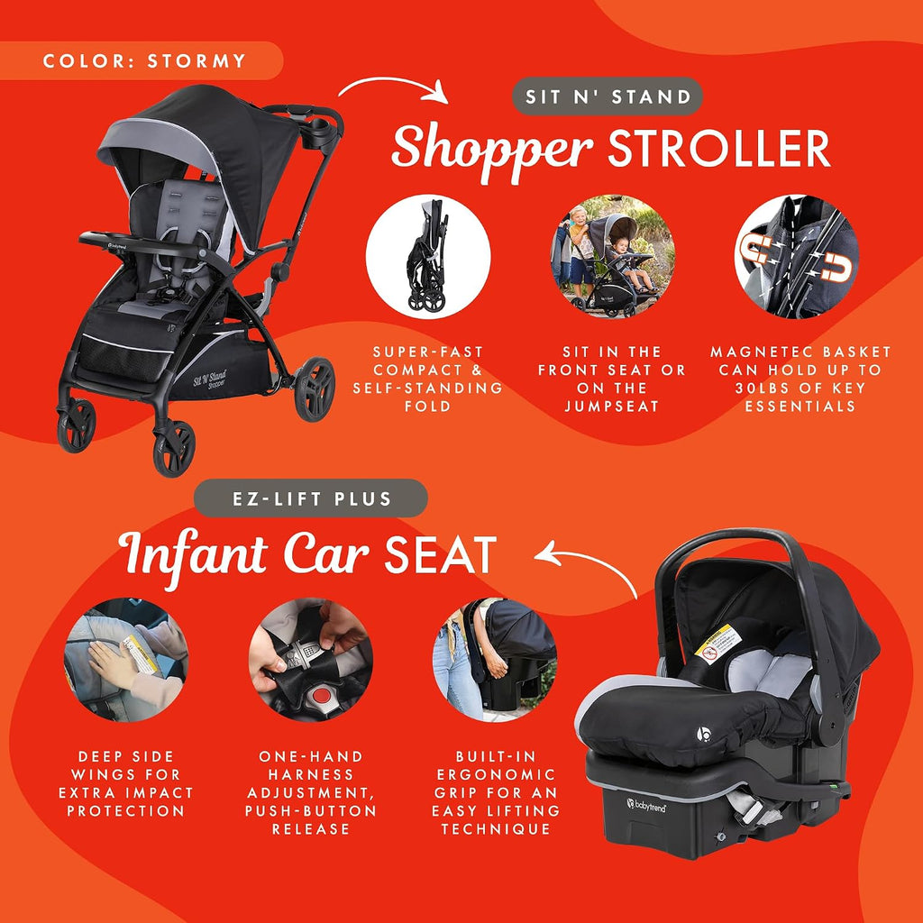 Baby Trend Sit N' Stand 5 in 1 Shopper Stroller with Canopy and Storage Basket, EZ Lift Plus Lightweight Infant Car Seat for Babies, Stormy