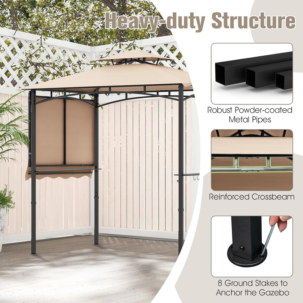 Tangkula 11x5 FT Grill Gazebo with Side Awning, 2-Tier Barbecue Gazebo with 2 Shelves, 12 Hanging Hooks, Bottle Opener, Outdoor Grill Canopy for Backyard Garden Poolside (Beige)