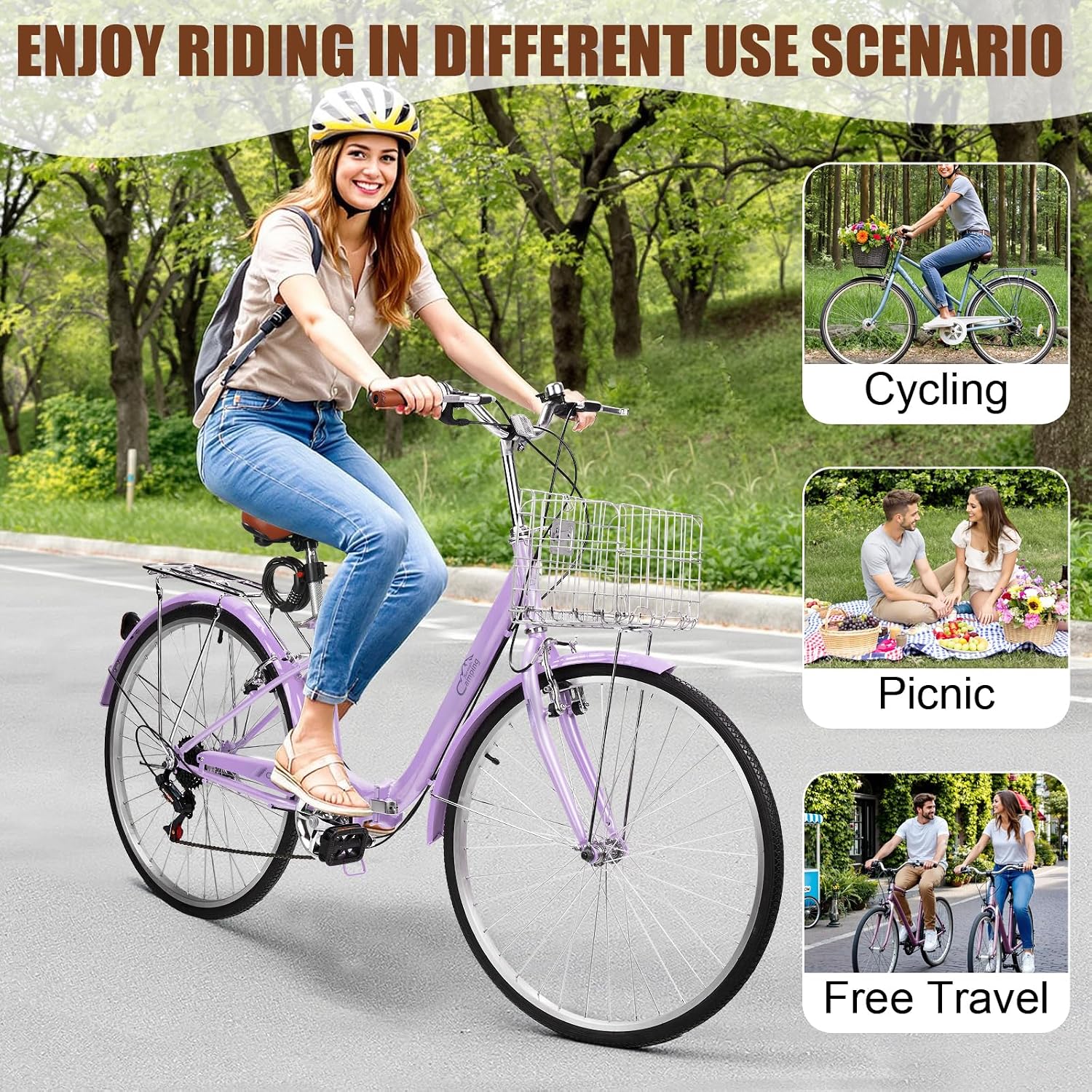 CamPingSurvivals Foldable Cruiser Bike 7-Speed Cruiser Bike 26Inch Women Bicycle with Ergonomic Upright Frame, Effortless 7-Speed Shifting and Lightweight Design for Adult Men and Women