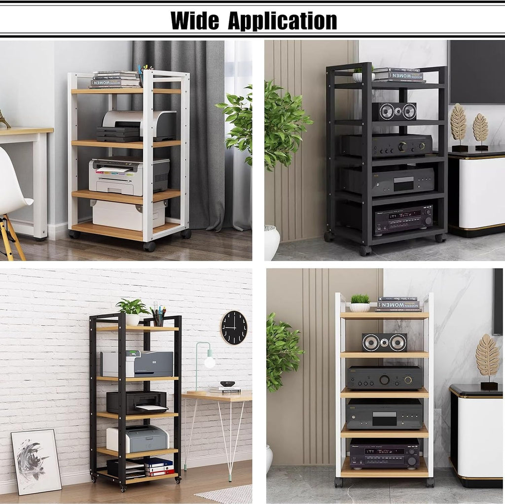 SRNSAEB Audio Equipment Rack Cabinet Media Shelf, Audio Video Media Stand Cabinet with 4 Shelves Height Adjustable Modern AV Cabinet with Brake Wheel, 160cm/ 63inch Height(7-Tier)
