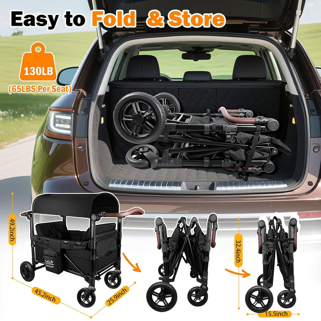 Wagon Stroller for 2 Kids, All-Terrain Stroller Wagon with Extra Long Extender, Aluminum Foldable Baby Wagon with Convertible Seats, Removable Canopy, Snack Tray, Adjustable Push/Pull Handle