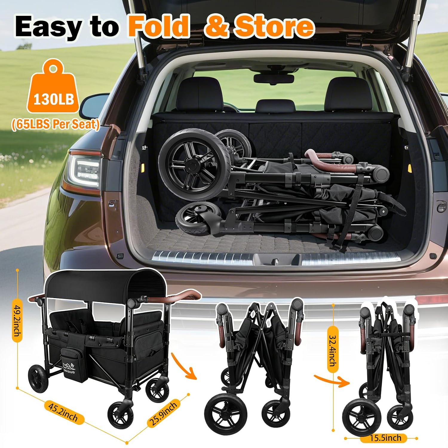 Wagon Stroller for 2 Kids, All-Terrain Stroller Wagon with Extra Long Extender, Aluminum Foldable Baby Wagon with Convertible Seats, Removable Canopy, Snack Tray, Adjustable Push/Pull Handle