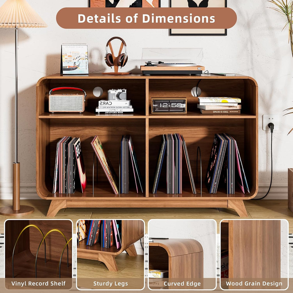 Record Player Stand with Vinyl Storage Cabinet with Charging Station & USB Ports, Turntable Stand Table Holds Up to 350 Albums, Curved Vinyl Record Cabinet for Living Room (Walnut, 42.5-inch)