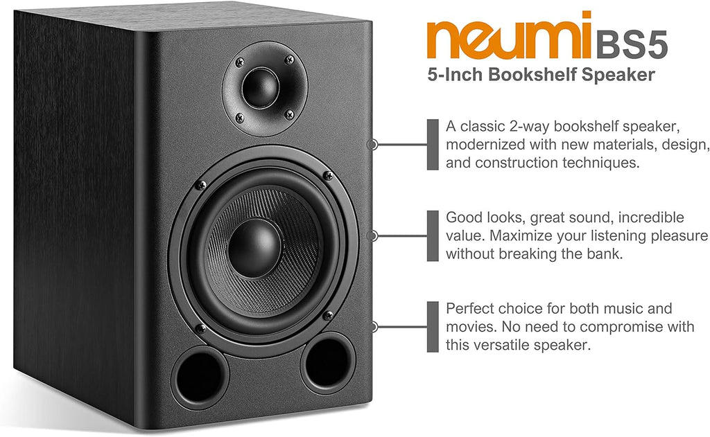 NEUMITECH NEUMI BS5 Passive Bookshelf Speakers, 5-Inch Woofer, 1-Inch Tweeter, Dark Wood, 1 Pair