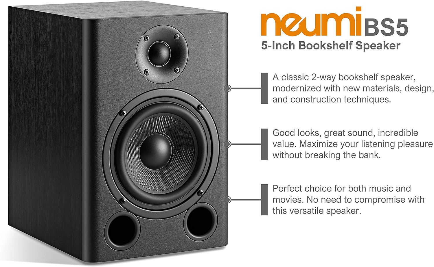 NEUMITECH NEUMI BS5 Passive Bookshelf Speakers, 5-Inch Woofer, 1-Inch Tweeter, Dark Wood, 1 Pair