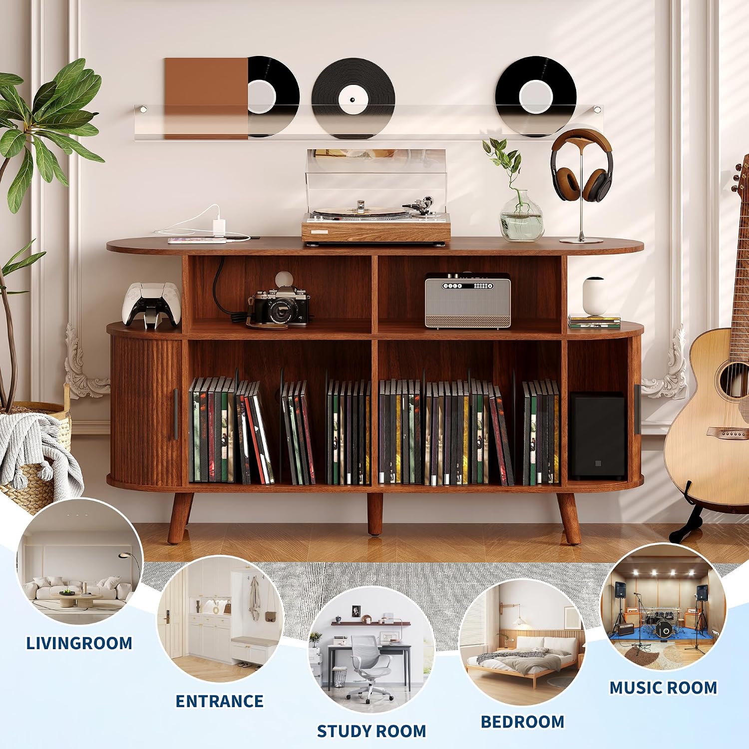 GarveeHome 55 in Large Round Record Player Stand with Charging Station and USB Ports, Mid-Century Rustic Vinyl Record Player Turntable Stand Storage Cabinet with Open Shelves Holder