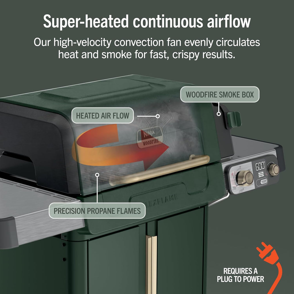 Ninja FlexFlame Grill and Smoker | Electric and Propane Grill, Roaster, BBQ Grill | 5-in-1 Cooking System | 3 Burner | Digital Control | Outdoor Cooking, Griddle, Pizza Maker | Green | PG301GN