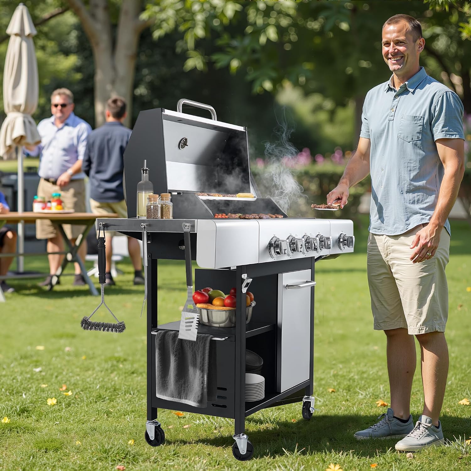 HUGROVE Propane Gas BBQ Grill with Side Burner & Wheels, 50,000 BTU Output Stainless Steel Barbecue Grill for Backyard & Outdoor Cooking Easy to Assemble (Silver)