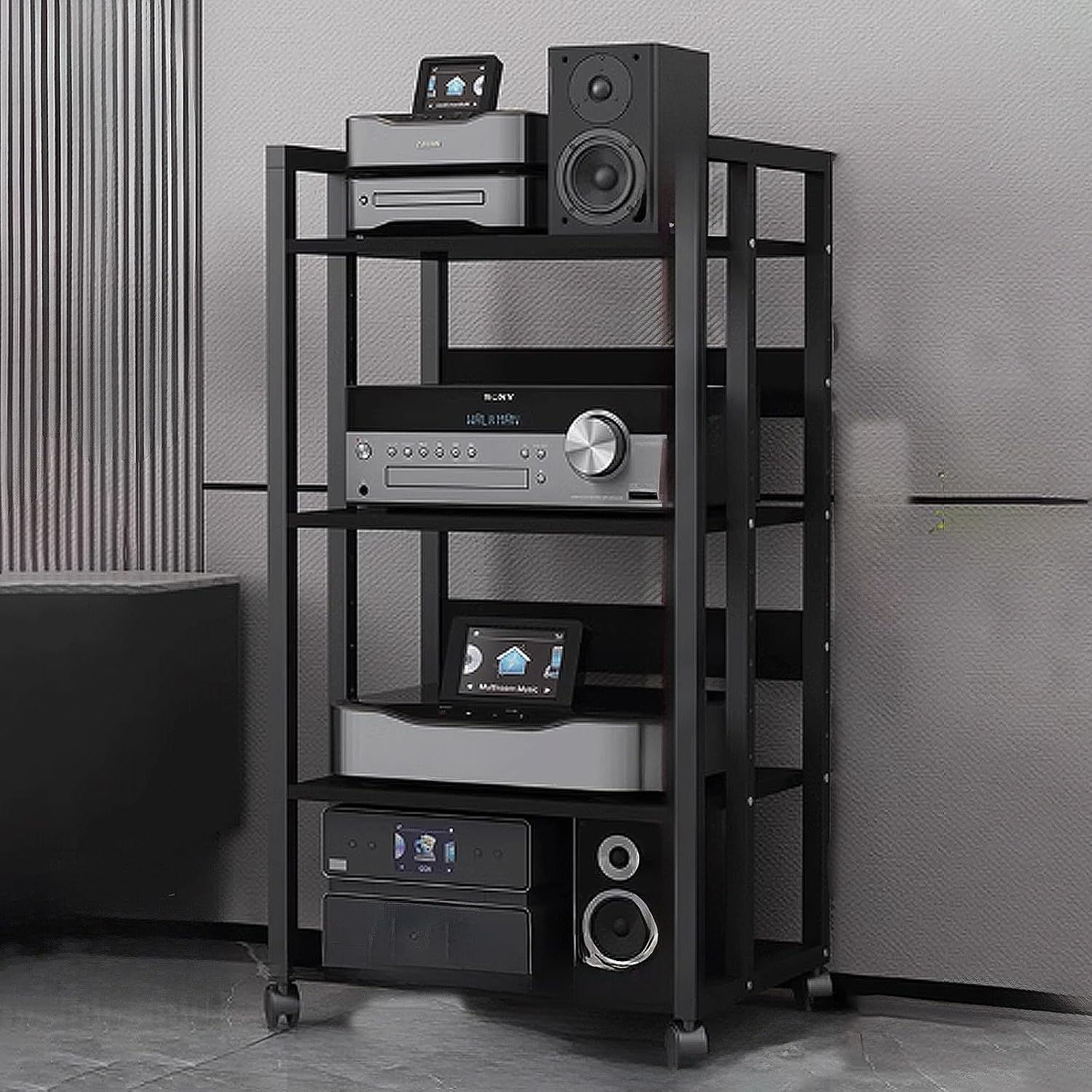 Audio Storage Rack, Audio Rack Stand, Audio Rack Tower, Rack Audio Tower Modern with Universal Wheels for Audio Equipments 50 * 40 * 100cm 3 Colors(Black+Black,4 Layer)