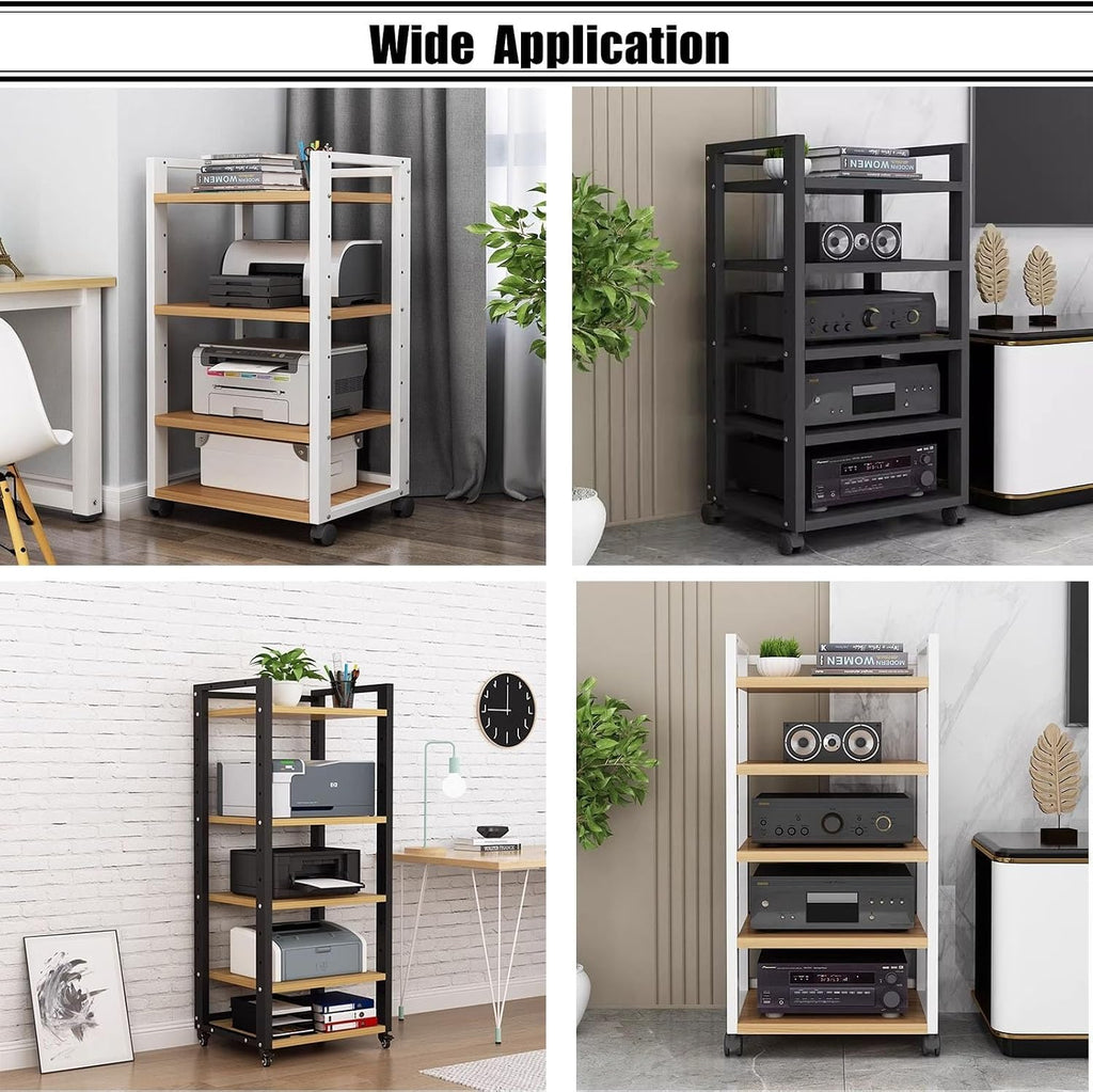 Heavy-Duty Audio Equipment Stand on Wheels, 5-Tier White Storage Shelf for Home Media Organization, Mobile Media Rack for TV, Speakers, and Accessories