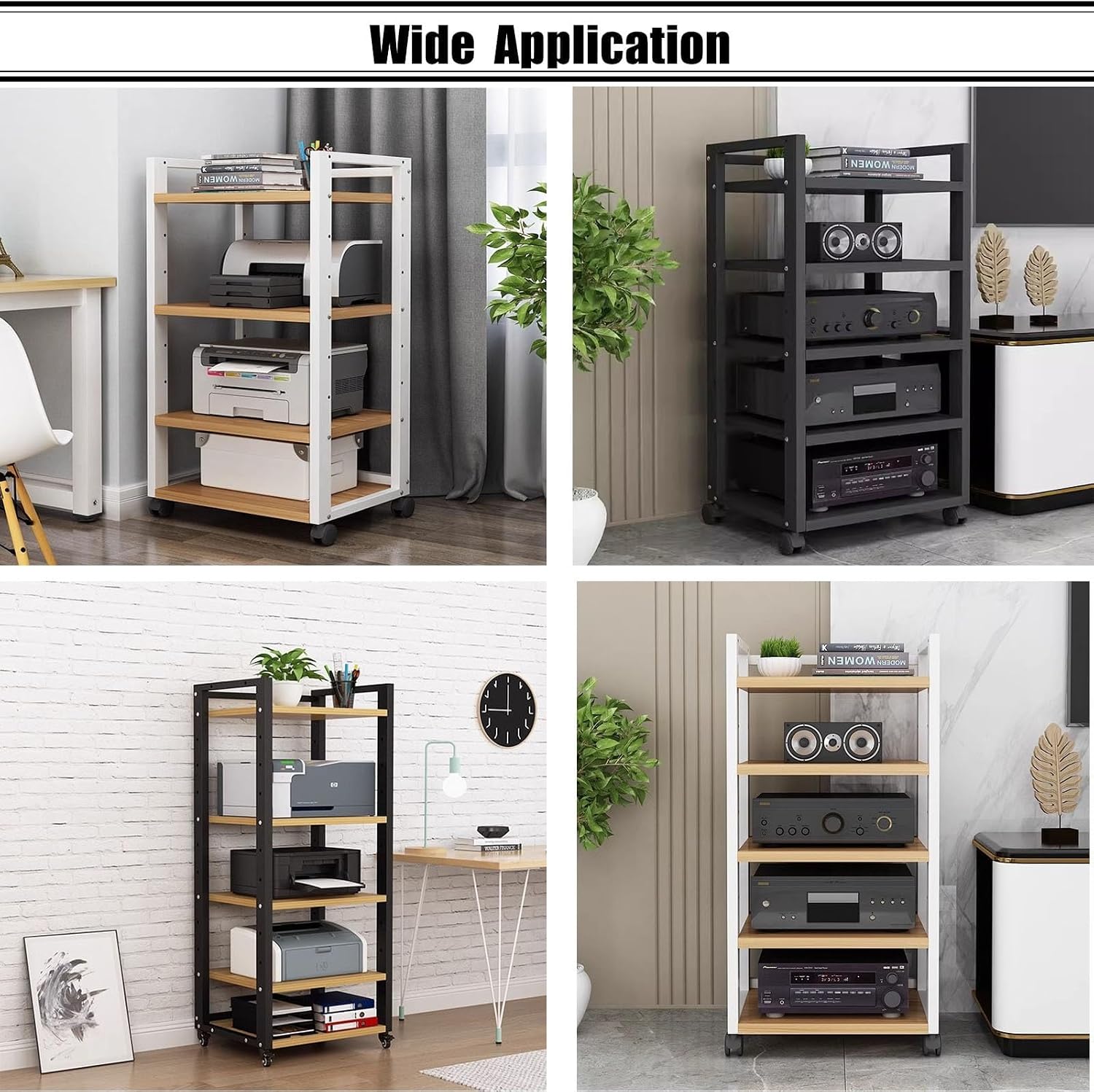 Heavy-Duty Audio Equipment Stand on Wheels, 5-Tier White Storage Shelf for Home Media Organization, Mobile Media Rack for TV, Speakers, and Accessories