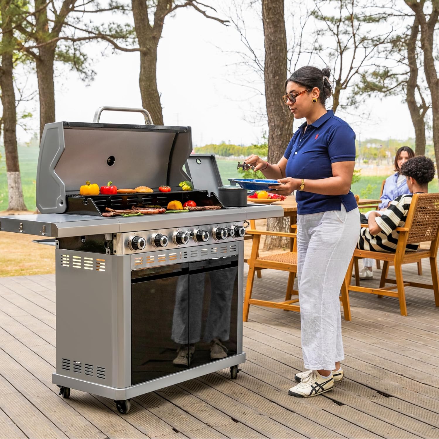 2 in 1 Propane Griddle Grill Combo, 6-Burner Propane Gas BBQ Grill with Porcelain-Enameled Cast Iron Grates & Plate, 42,000 BTU Combo Grill with Side Stove for Outdoor Cooking Camping Patio Backyard