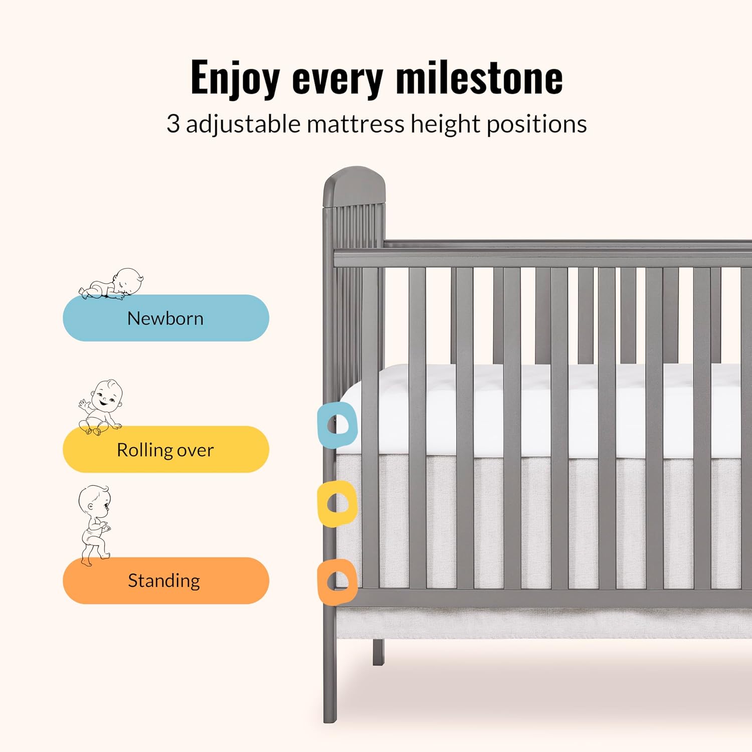 Dream On Me Anna 3-in-1 Convertible Full-Size Baby Crib & Changer with Storage in Steel Grey, GreenGuard Gold & JPMA, Pinewood, Converts to Day & Toddler Bed, 3 Mattress Heights, 1″ Changing Pad