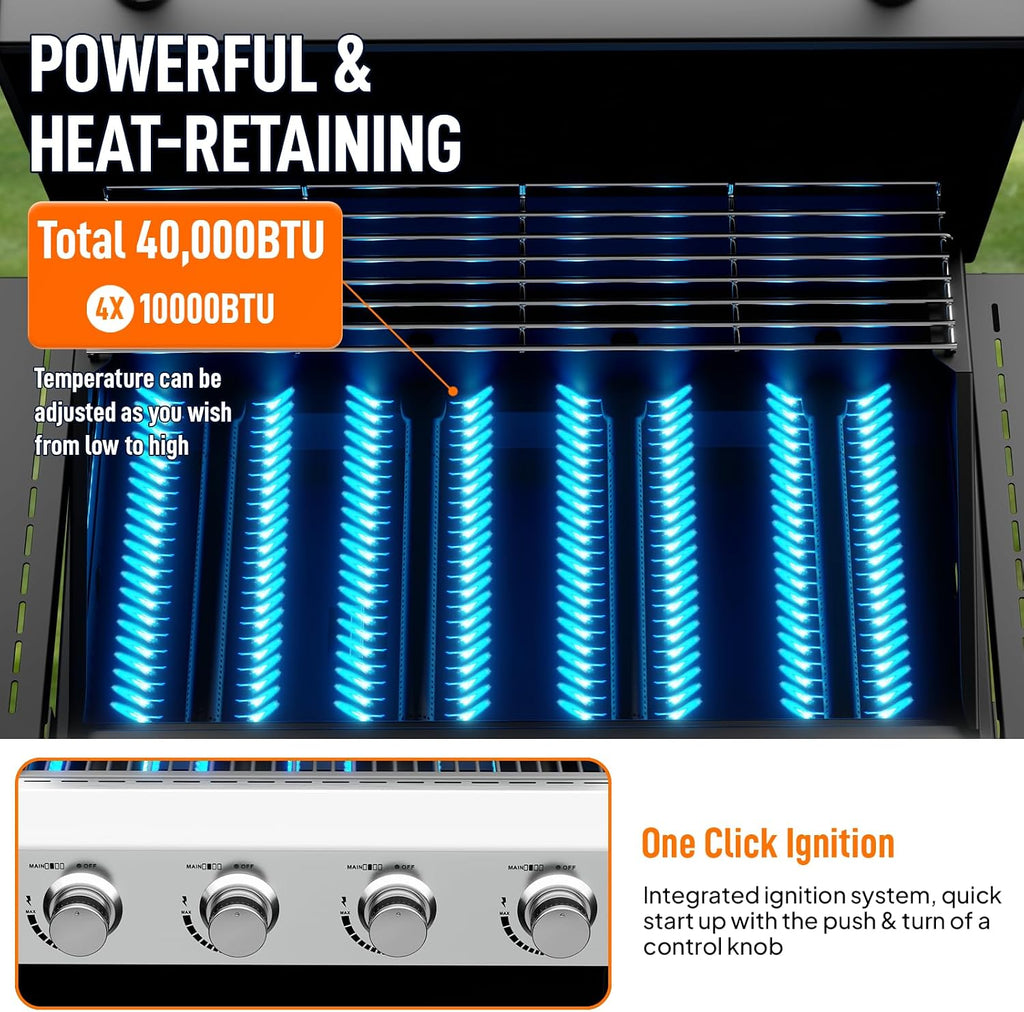Bonnlo 4 Burners Portable Gas Grill with Enameled Cast Iron Grates, Powerful 40,000 BTU Propane Grill with Side Shelf & Bottom Cabinet, Outdoor Grill with Wheels for Patio Backyard Garden BBQ Use