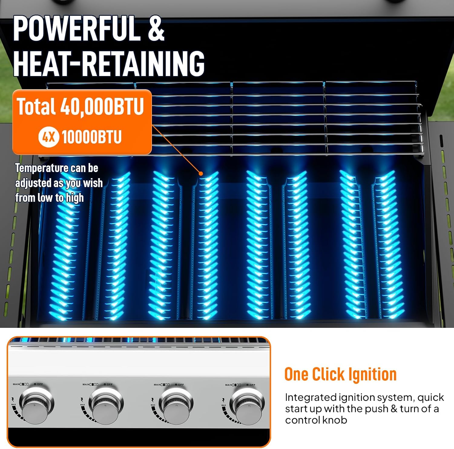 Bonnlo 4 Burners Portable Gas Grill with Enameled Cast Iron Grates, Powerful 40,000 BTU Propane Grill with Side Shelf & Bottom Cabinet, Outdoor Grill with Wheels for Patio Backyard Garden BBQ Use