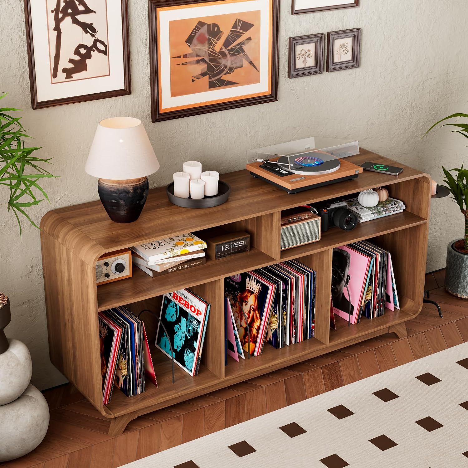 Record Player Stand with Vinyl Storage Cabinet with Charging Station & USB Ports, Turntable Stand Table Holds Up to 350 Albums, Curved Vinyl Record Cabinet for Living Room (Walnut, 55-inch)