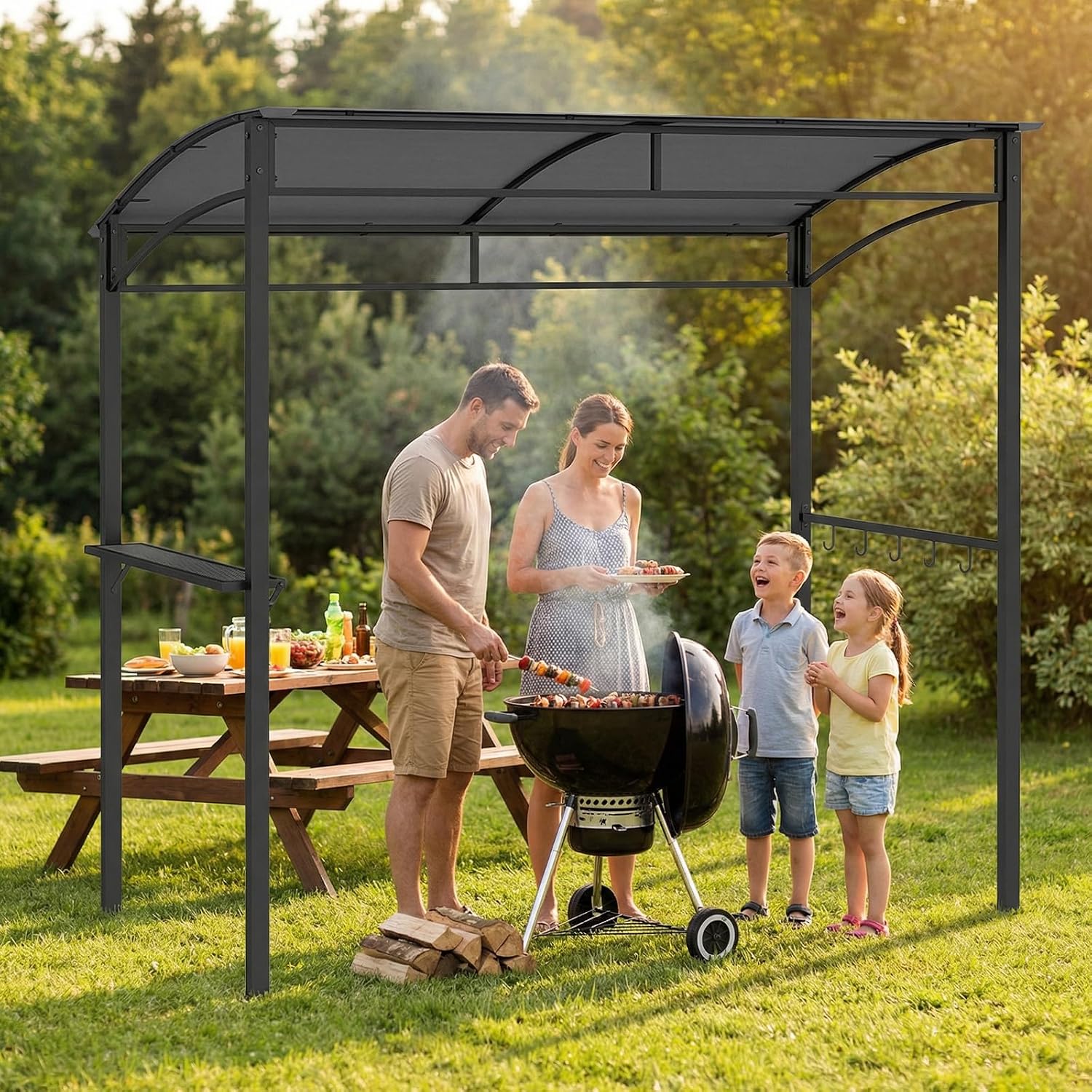 Tangkula 7ft Grill Gazebo, Patio Barbecue Canopy with Serving Shelf and Storage Hooks, Curved Grill Shelter w/Heavy-Duty Steel Frame Sunshade Awning for Outdoor Garden (Gray)