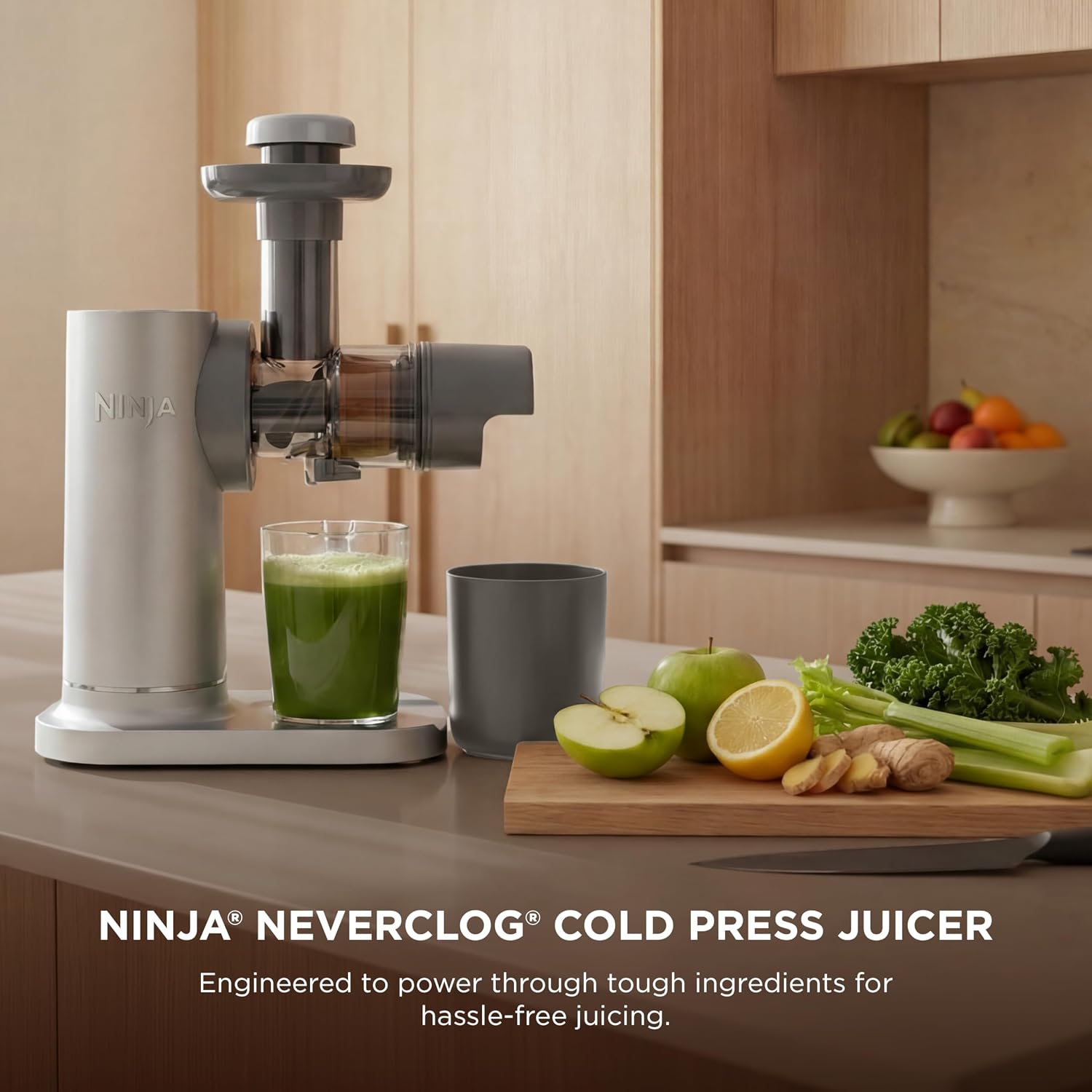 Ninja NeverClog Cold Press Juicer | Powerful Electric Slow Masticating Juicer with Pulp Control | XL Capacity | 24 oz. Juice Jug & 36 oz. Pulp Container | Dishwasher Safe | Gray | 150W | JC151SL