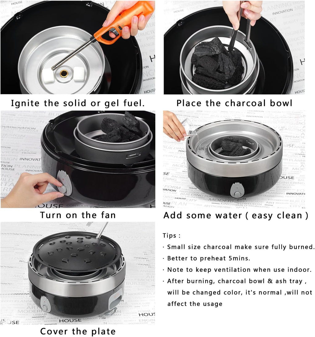 Portable Charcoal Outdoor BBQ Grill For Camping With Travel Bag - Small Tabletop Smoke ＆ Smokeless Pan Optional - Built In Electric Fan Power Supplied By Battery Charger Or Power Bank. (Luxury Black)