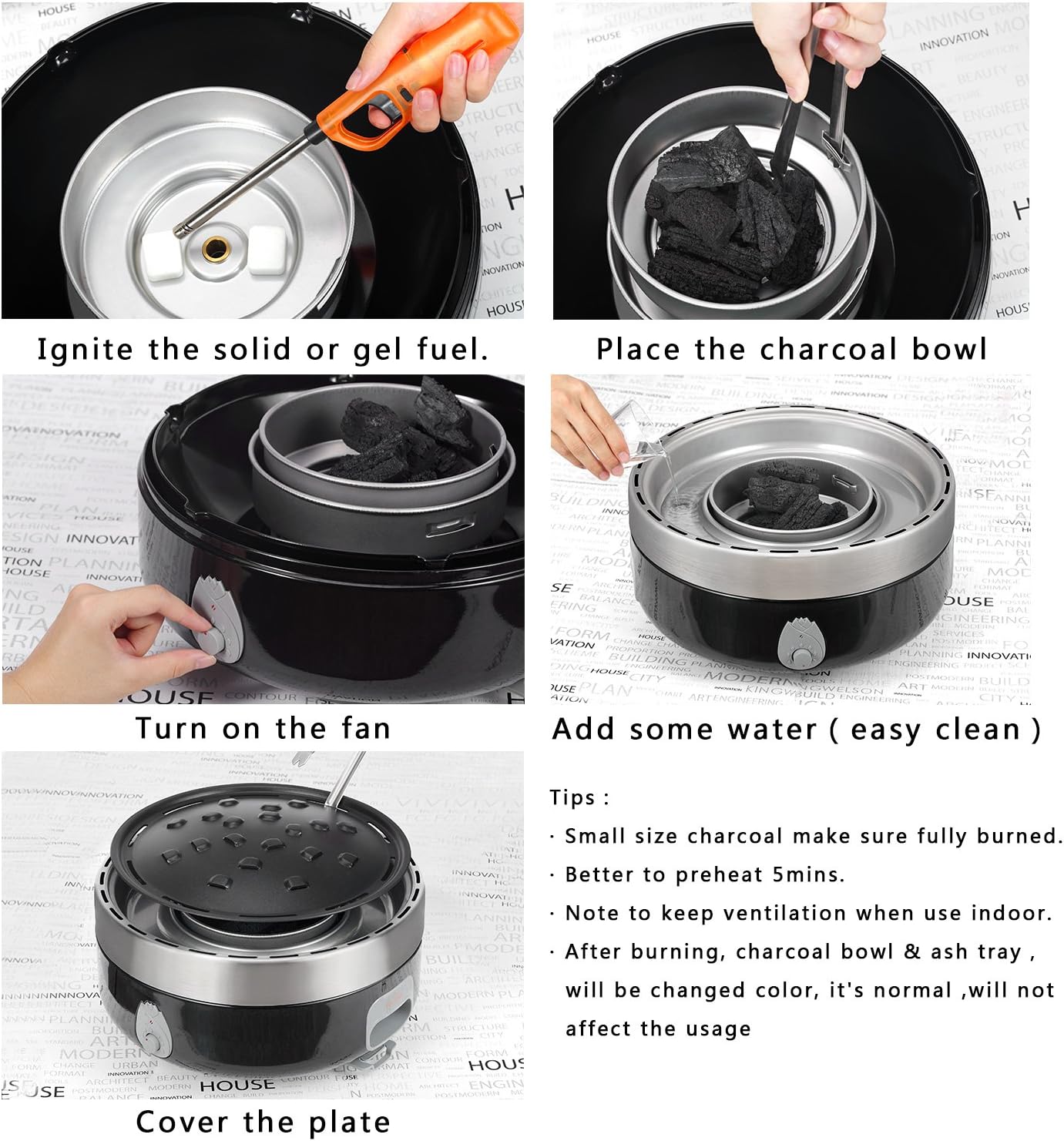 Portable Charcoal Outdoor BBQ Grill For Camping With Travel Bag - Small Tabletop Smoke ＆ Smokeless Pan Optional - Built In Electric Fan Power Supplied By Battery Charger Or Power Bank. (Luxury Black)