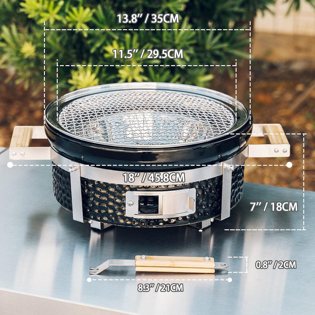 ONLYFIRE GRILLS Ceramic Hibachi Charcoal Grill with Grid Lifter, 14' Portable BBQ Yakitori Grill with Stainless Steel Grate for Outdoor Patio Backyard Barbecue Cooking, GS305