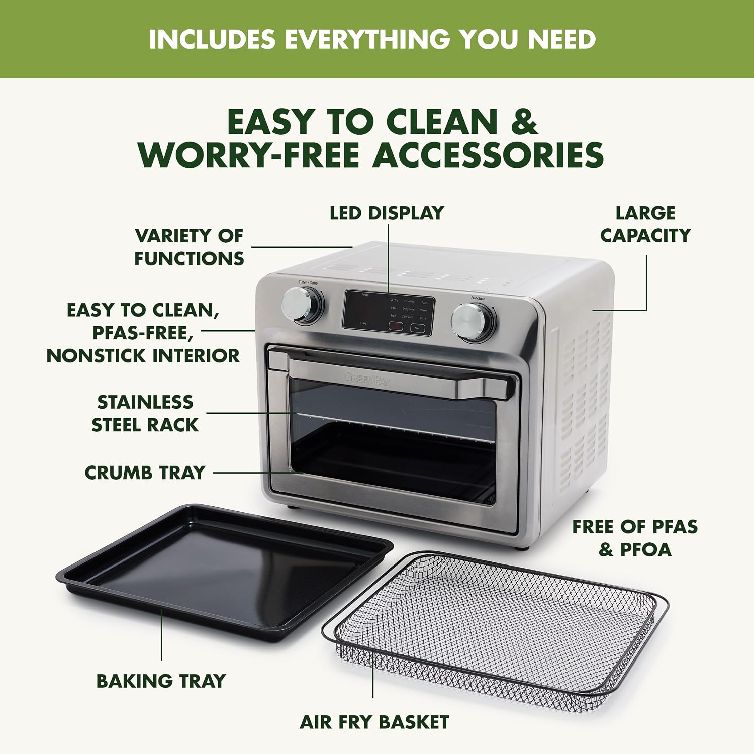 GreenPan Bistro Stainless Steel 9-in-1 Air Fry Oven, Nonstick Baking Pan, Stainless Steel Rack, and Basket, Fast Heating, Multifunction Presets, Cool-Touch Handle, PFAS-Free, Easy Cleanup Crumb Tray