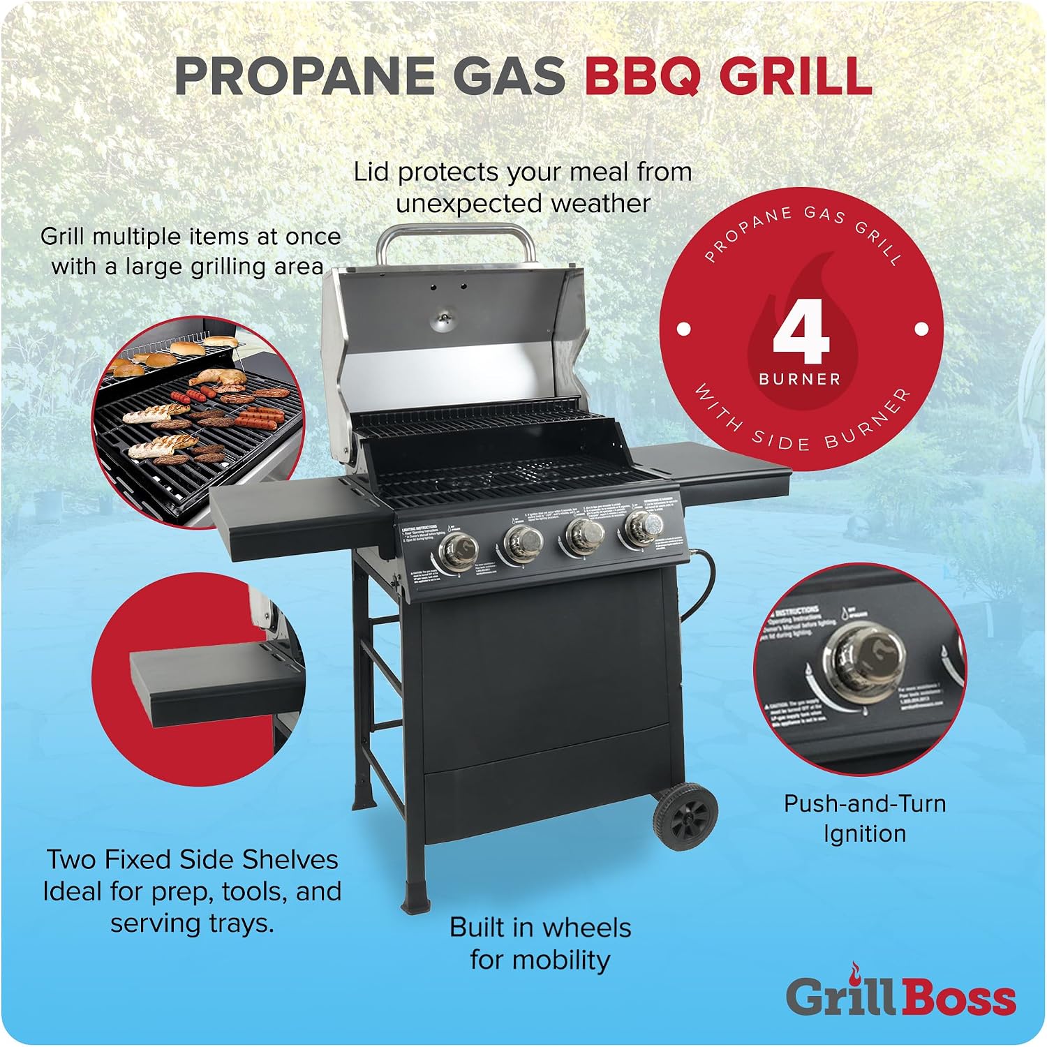 Grill Boss 4-Burner Outdoor Propane Gas Grill with Side Shelves, Stainless Steel Lid, Push Ignition, Warming Rack, Wheels, Black