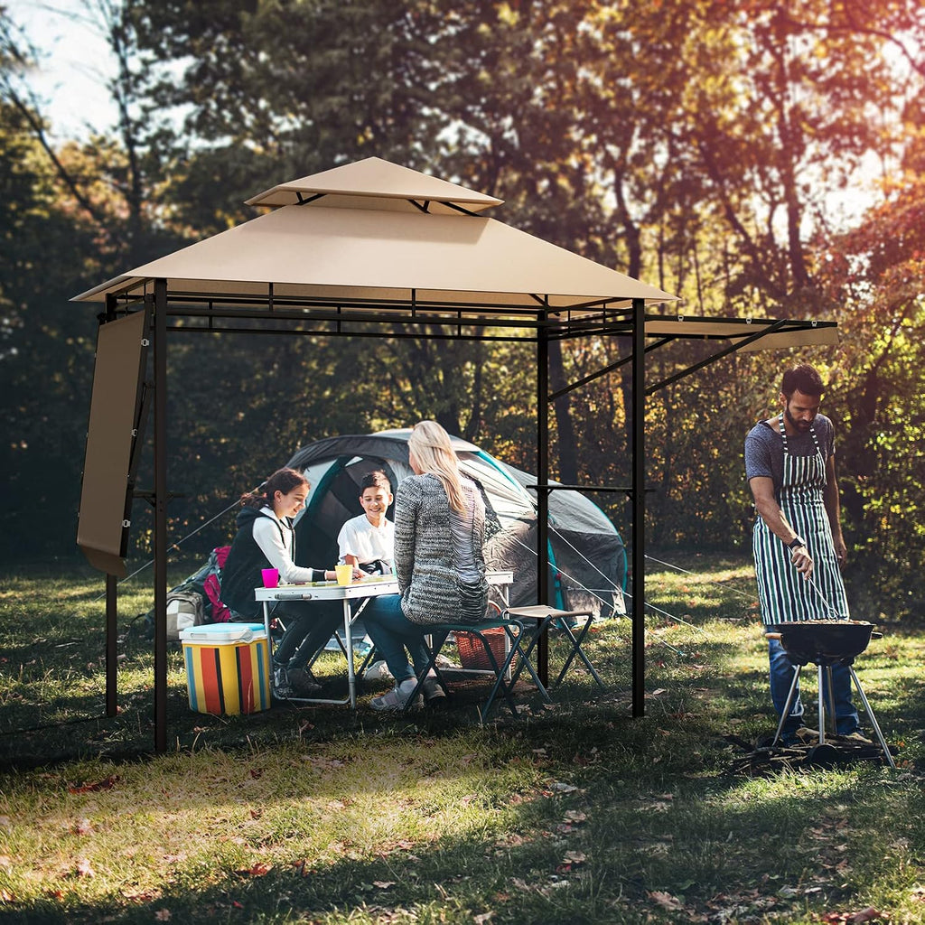 Tangkula 13.5x4 Ft Grill Gazebo with Dual Side Awnings, Double Tiered BBQ Gazebo with 2 Side Shelves, Heavy-Duty Steel Frame, CPAI-84 Barbecue Grill Gazebo Shelter for Patio, Garden, Beach, Terrace
