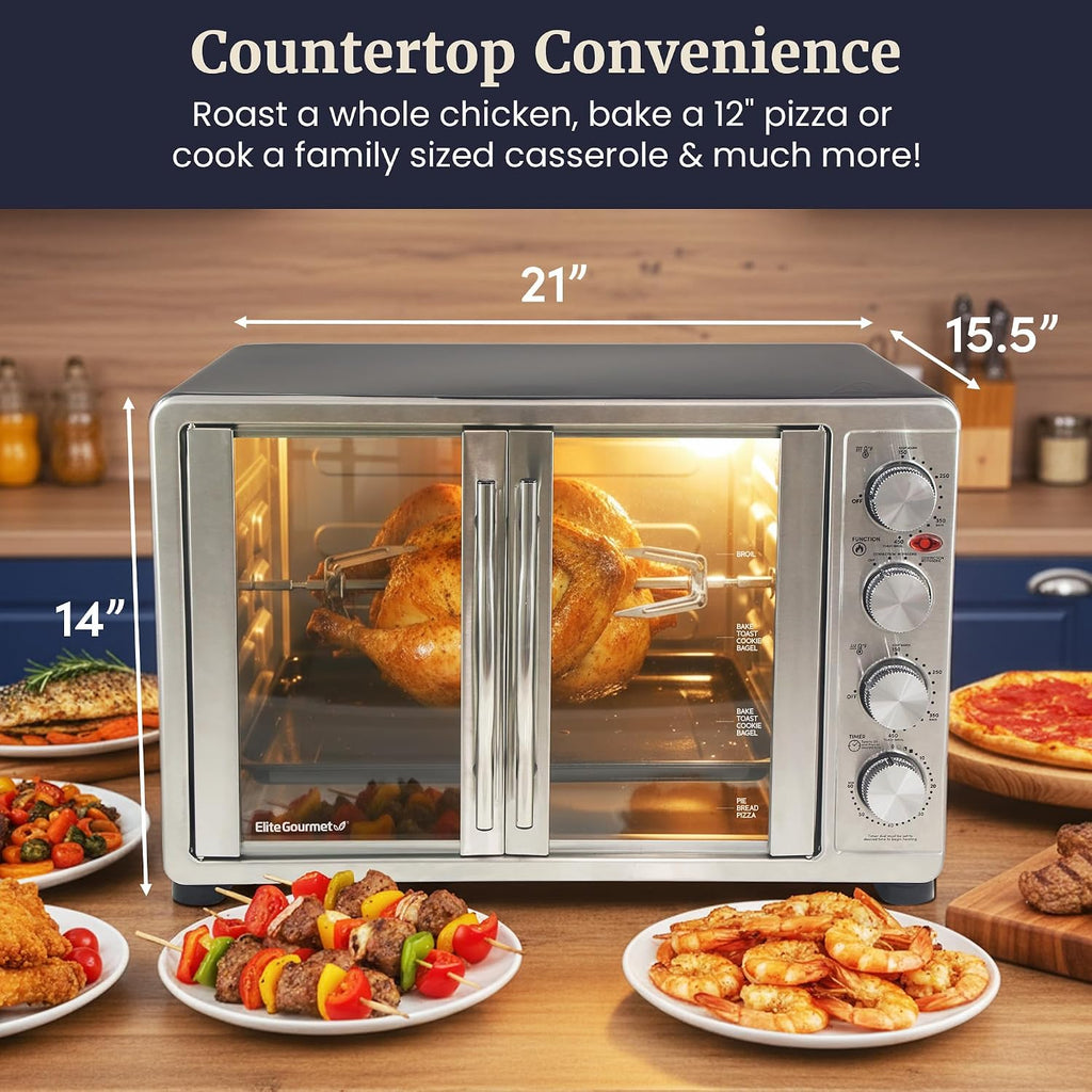 Elite Gourmet ETO4510B# French Door 47.5Qt, 18-Slice Convection Oven 4-Control Knobs, Bake Broil Toast Rotisserie Keep Warm, Includes 2 x 12' Pizza Racks, Stainless Steel