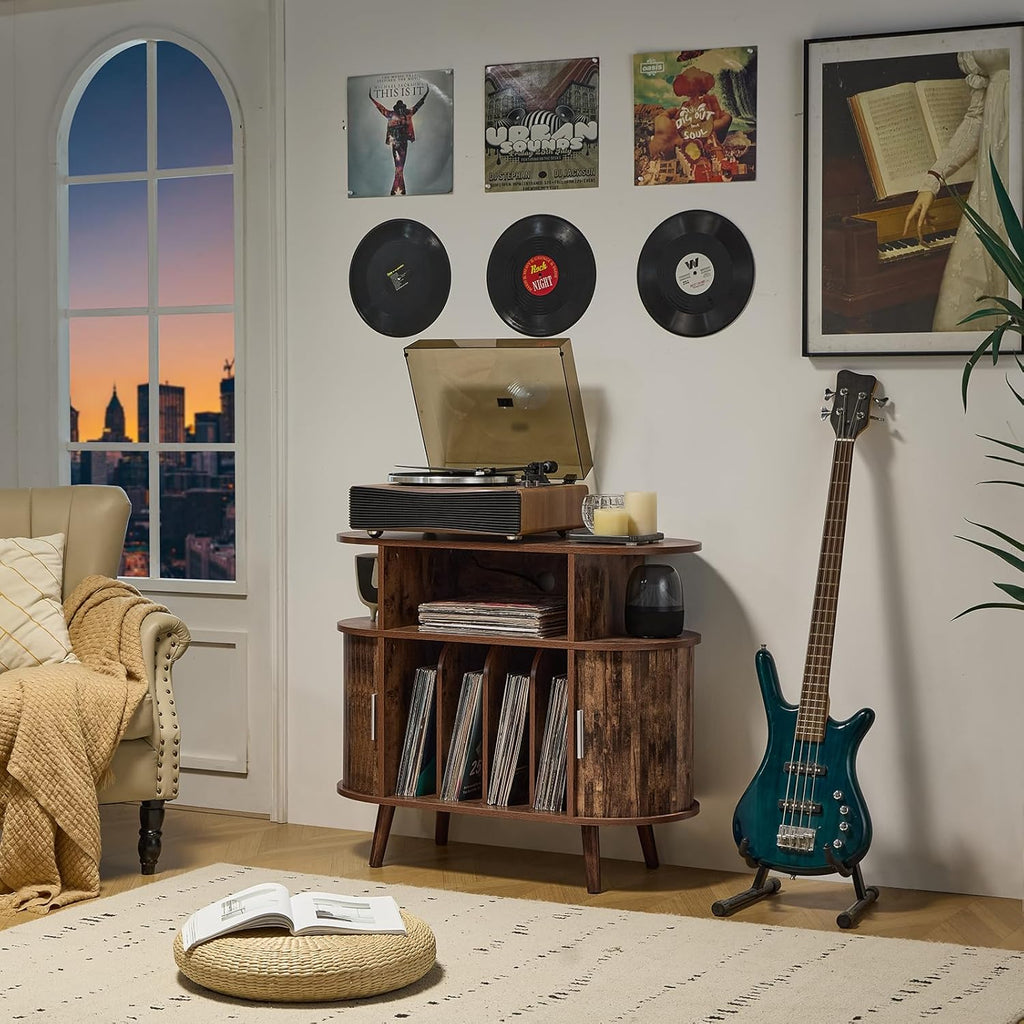 LELELINKY Large Round Record Player Stand with Charging Station & Fluted Panel, Brown Mid Century Modern Turntable Cabinet with Vinyl Storage, Arched Wood Record Player Table for Living Room