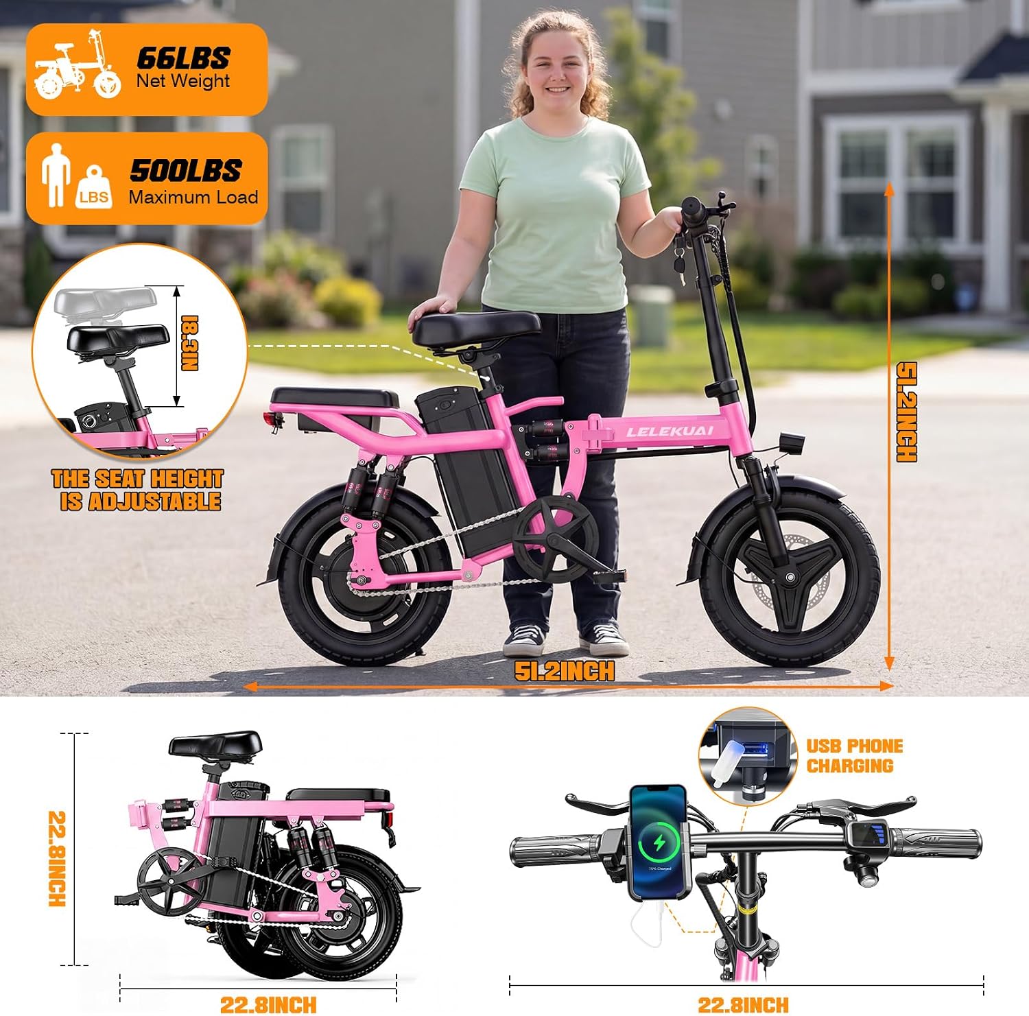LELEKUAI Electric Bike for Adults and Teens, 520W-560W Motor, 20-24MPH, 32 Miles Range, 48V 10Ah Battery, 3-Level Pedal Assist, 14' Foldable Mini Electric Bicycle, UL 2849 Certified