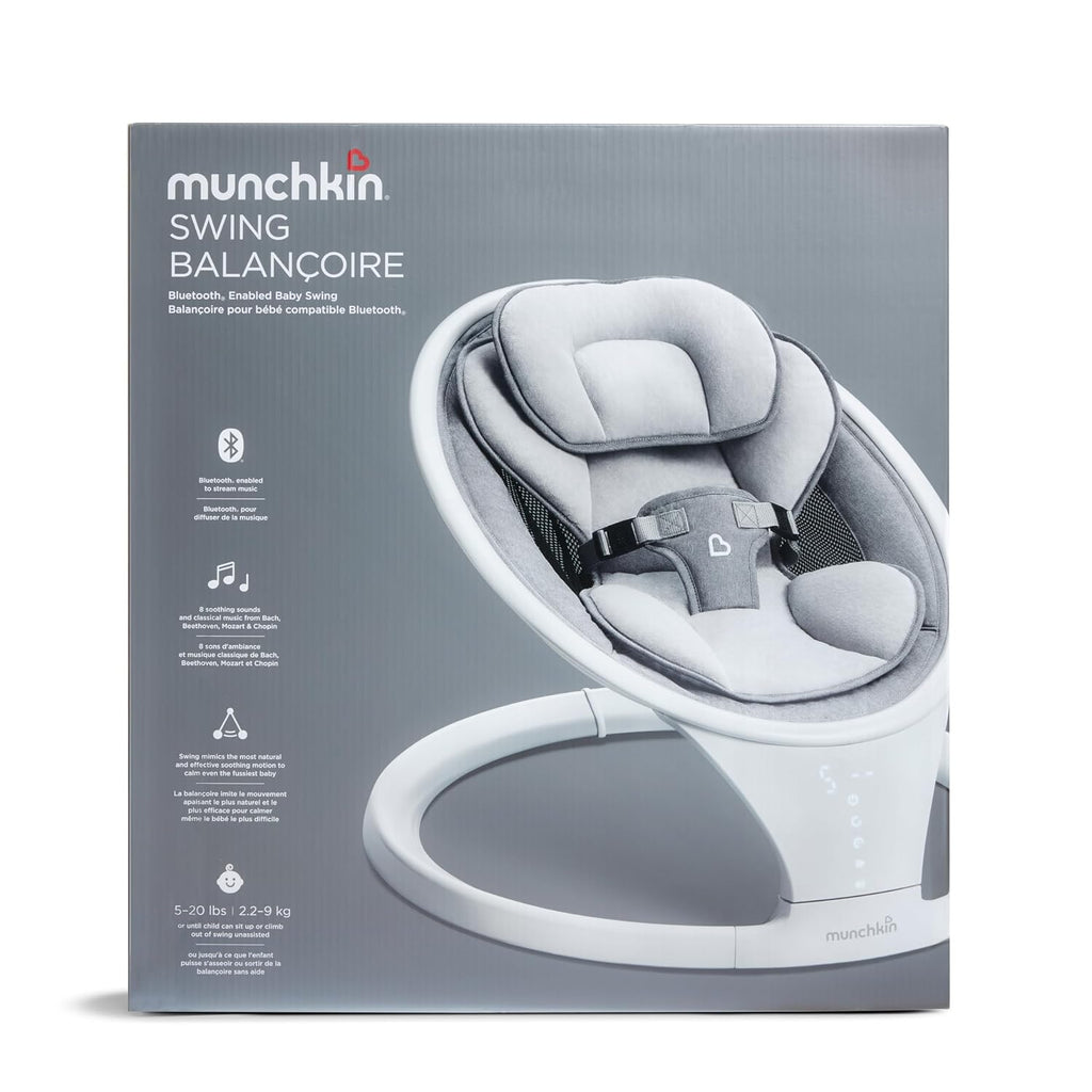 Munchkin Electric Baby Swing, Portable and Lightweight, Bluetooth Enabled Infant Rocker with Natural Sway in 5 Ranges of Motion, Newborn Nursery Essentials, White/Grey